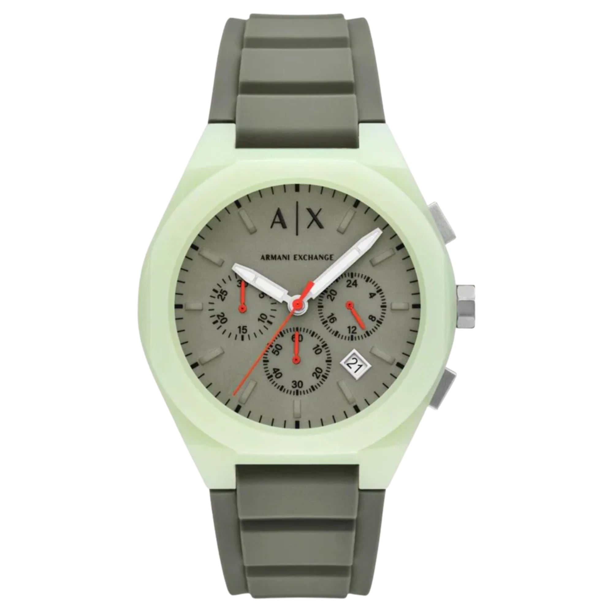 Armani Exchange Sync 44mm Chronograph Khaki Green Dial Silicone Mens Quartz Watch AX4171