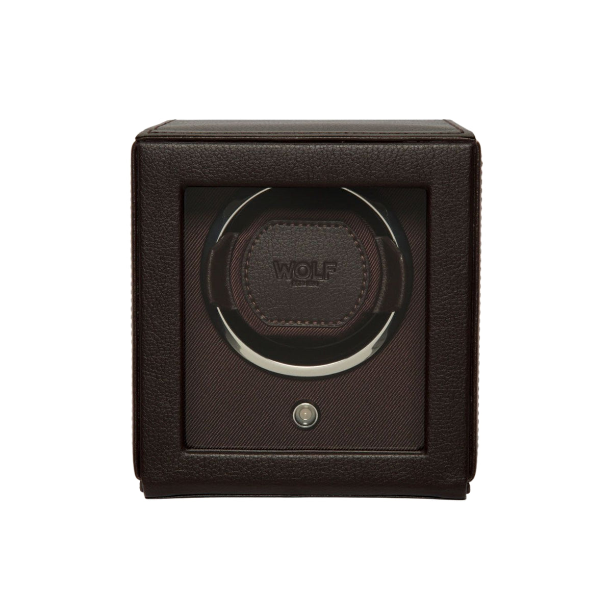 Brown leather-look single watch winder with circular WOLF logo window and control button
