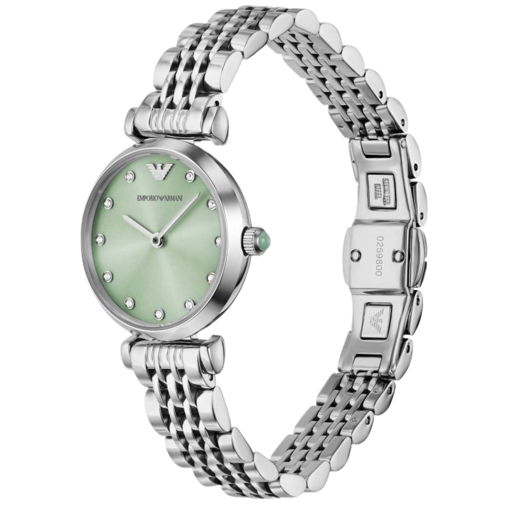 Ladies steel quartz watch with round green dial, baton markers, and stainless link bracelet