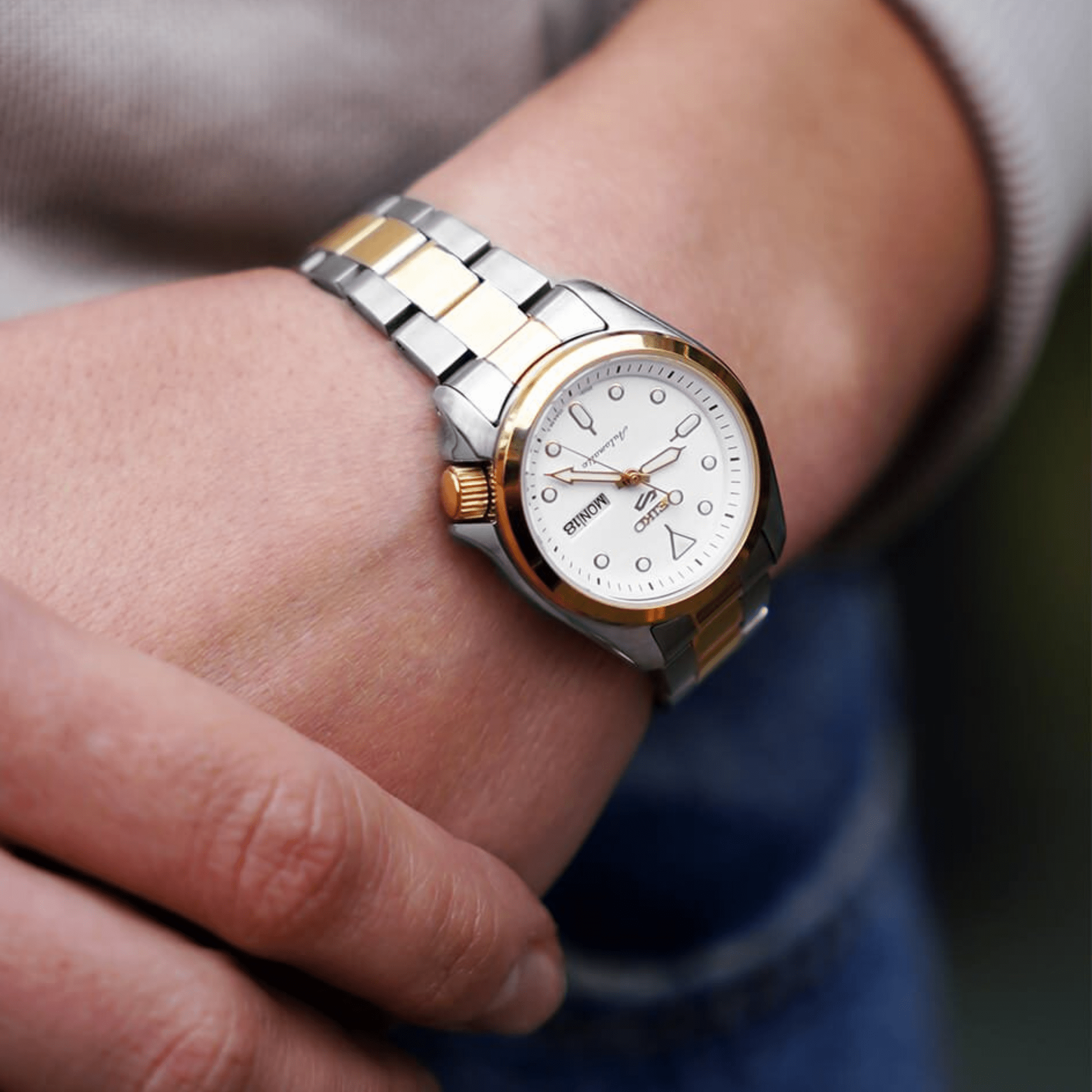 Seiko 5 Sports Compact Automatic White Dial Two-Tone Stainless Steel Bracelet Ladies Watch SRE004K1