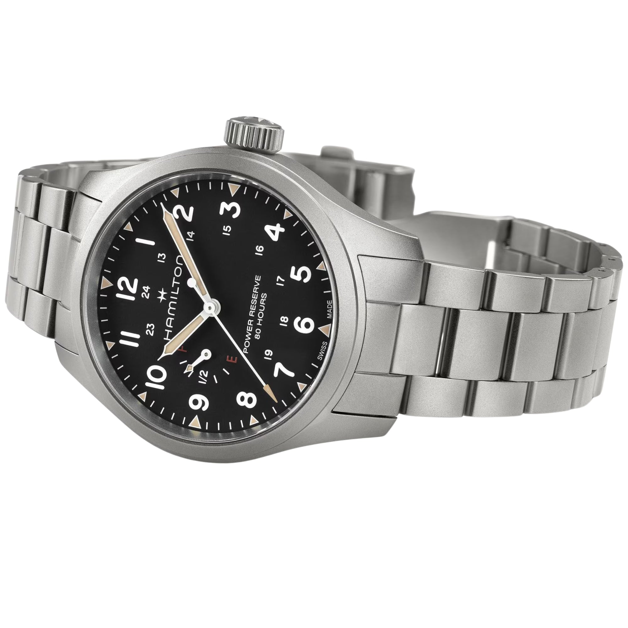 Hamilton Khaki Field H69509130 syringe hands and Arabic numerals close-up