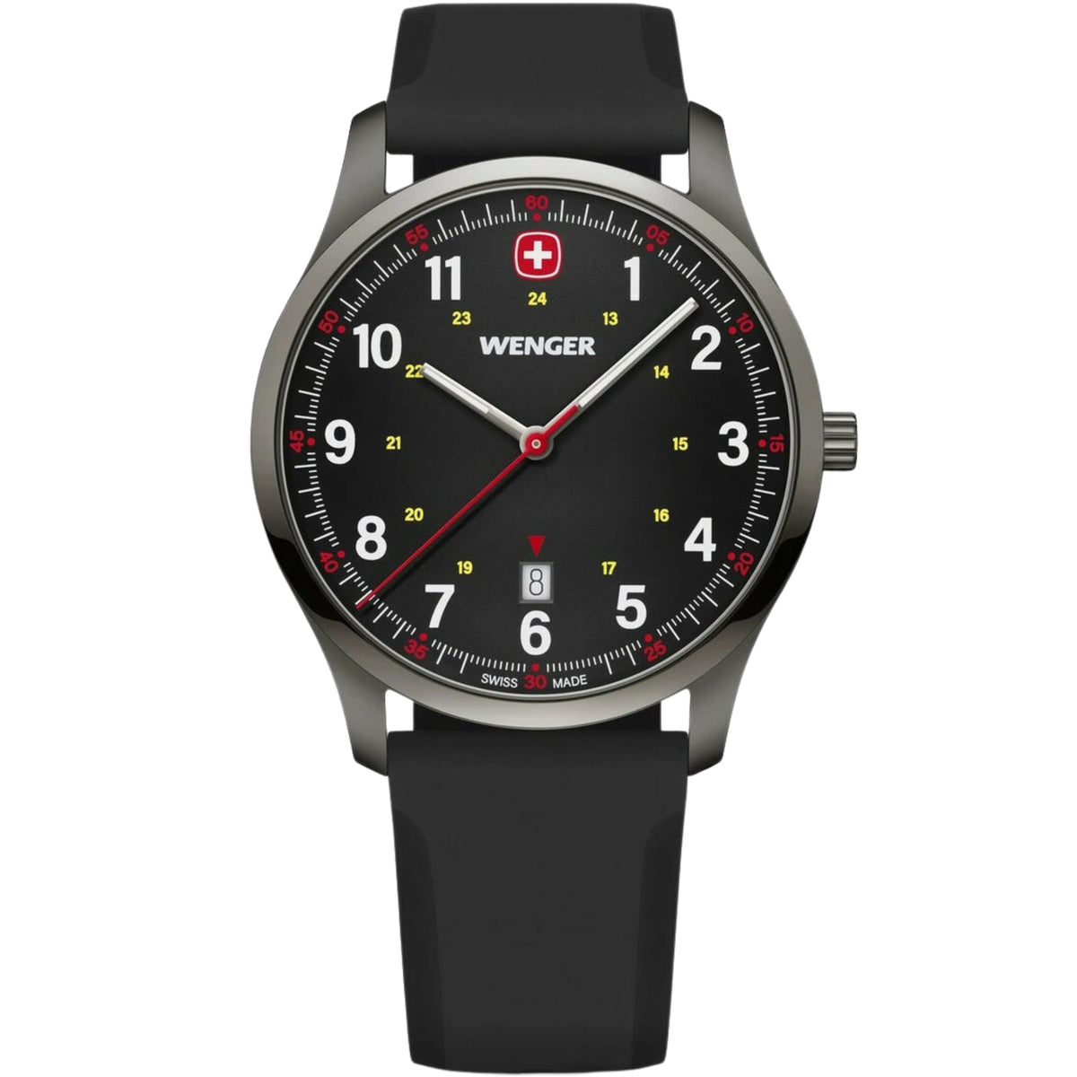 Men's black silicone-strap wristwatch with black dial and red second hand