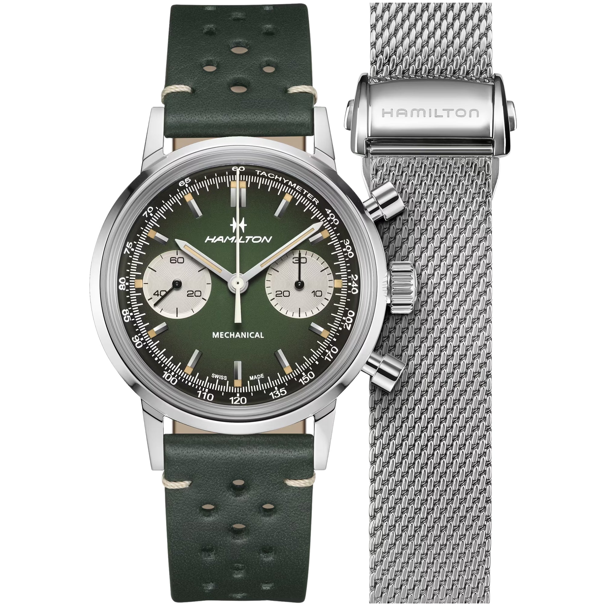Hamilton American Classic 40mm Chronograph Green Dial Leather Mens Mechanical Watch H38429861