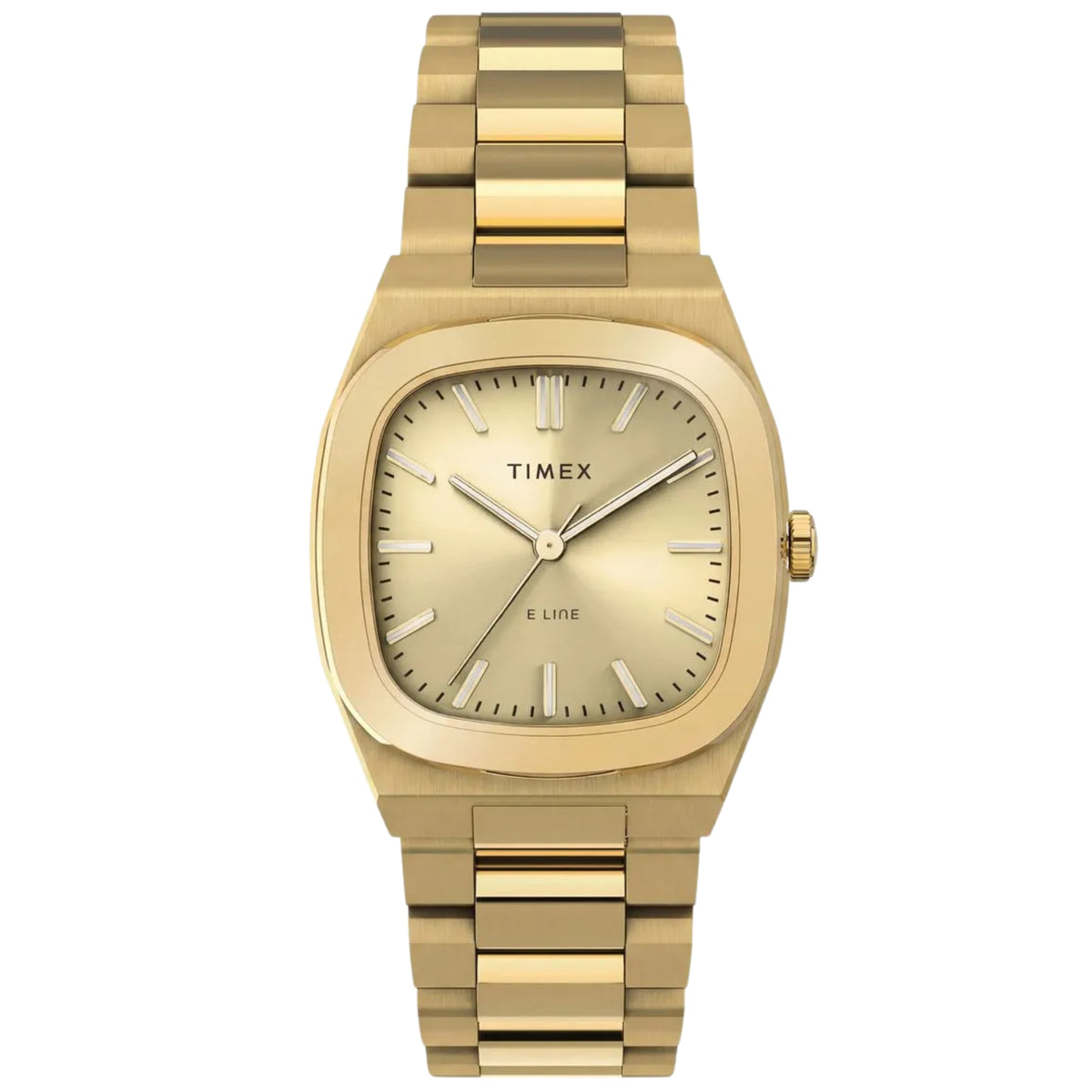 Timex E Line TW6A00900 front view displaying champagne dial with cushion-shaped yellow gold-tone case and matching link bracelet