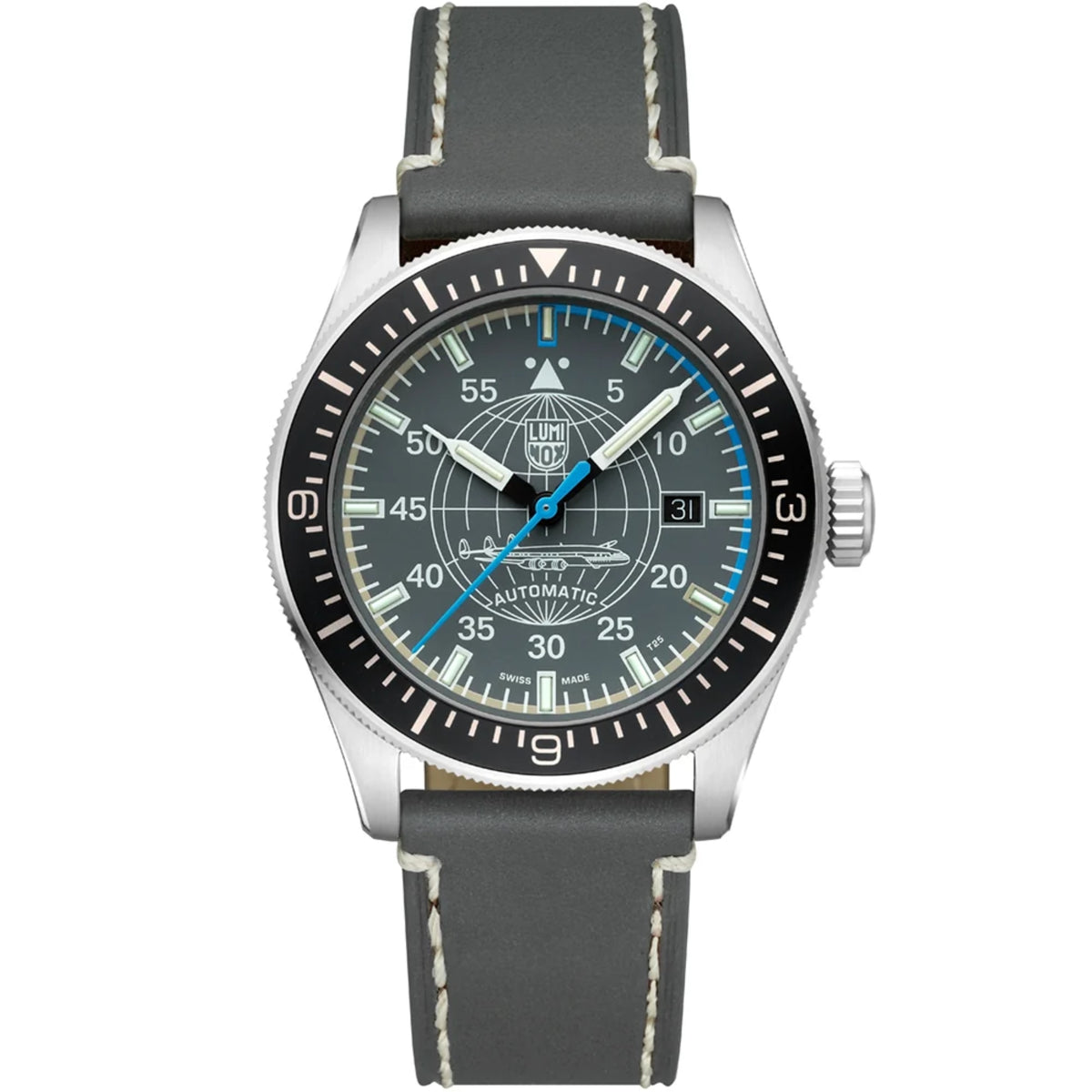 Luminox Constellation XA.9602 mens automatic watch front view featuring a grey dial and grey leather strap