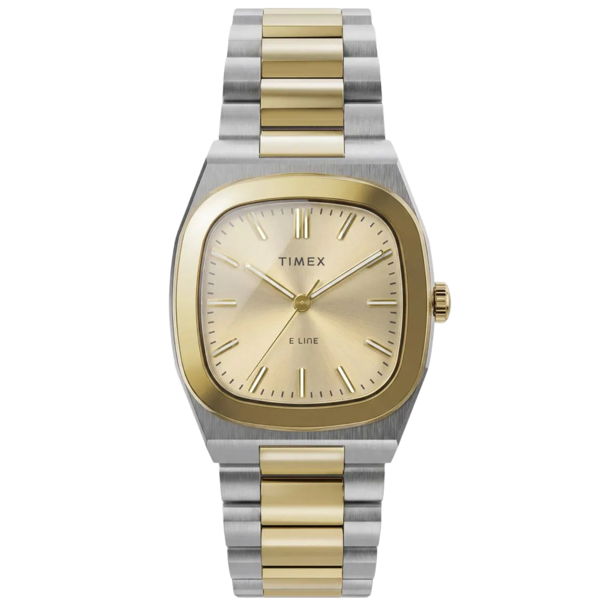 Timex E Line TW6A00800 front view displaying champagne dial with cushion-shaped bezel and two-tone steel bracelet