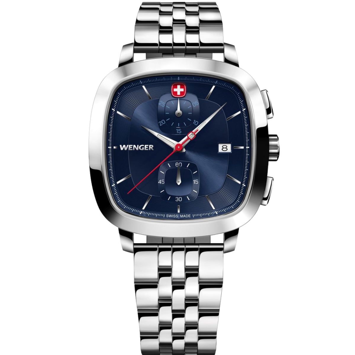 Wenger Vintage Classic 01.1933.103 front view of 39.5mm blue dial mens quartz watch with sub-dials and steel bracelet