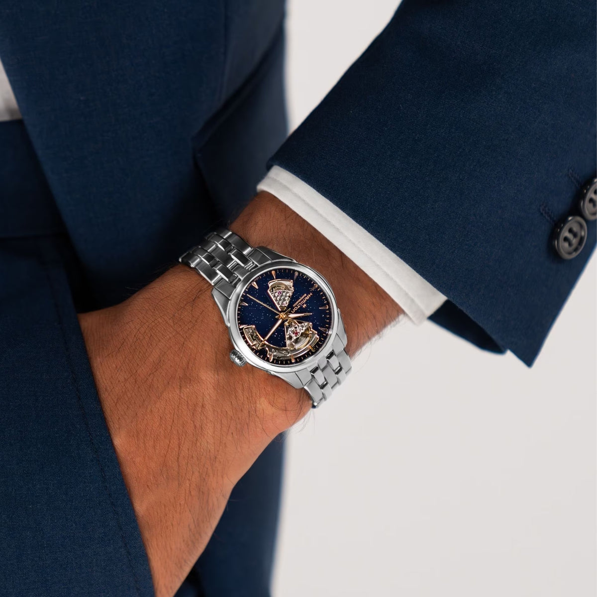 Orologio automatico da uomo Hamilton Jazzmaster 36mm con quadrante blu e cuore aperto, cassa in acciaio H32215142