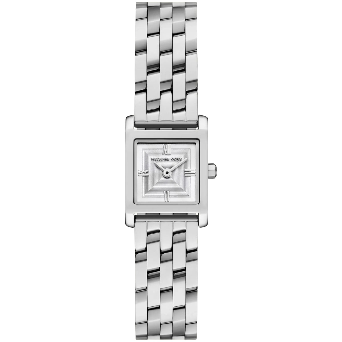 Michael Kors Georgie MK4933 womens watch front view featuring a square silver dial and silver-tone steel bracelet