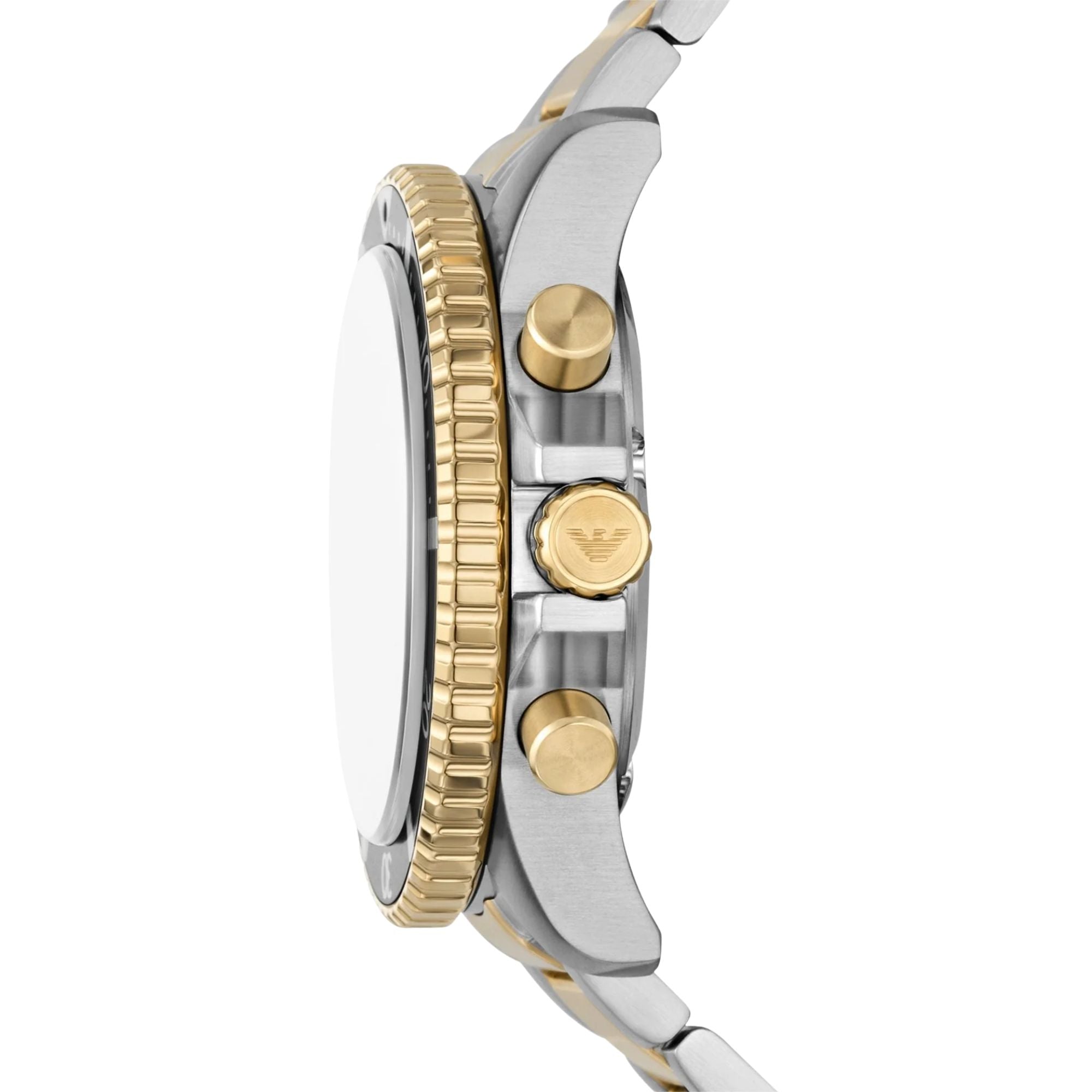 Side view of mens solar chronograph watch with gold bezel and crown, steel case