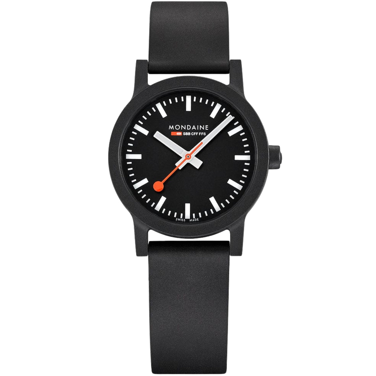 Mondaine Essence MS1.32120.RB vertical layout displaying black dial watch with rubber band