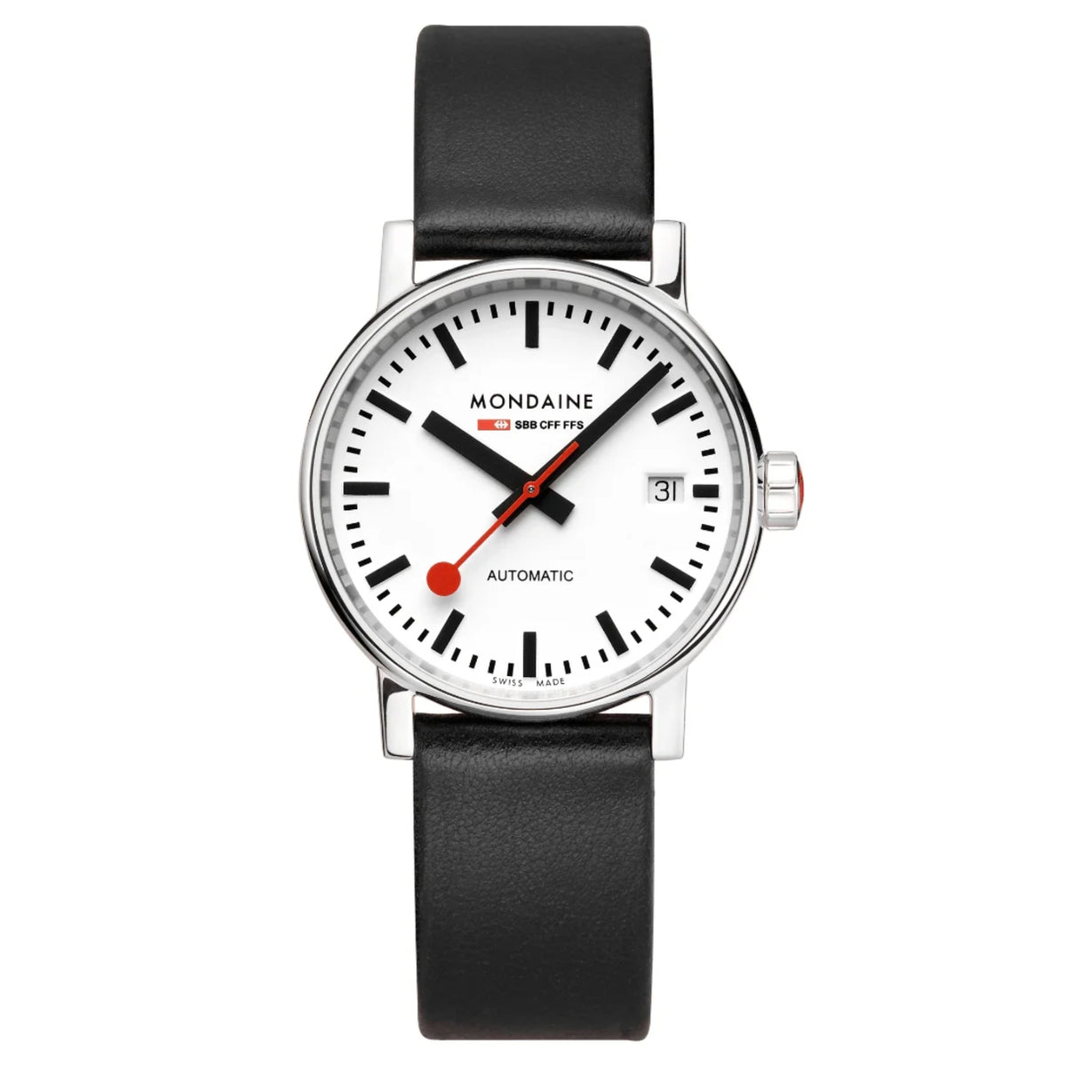 Mondaine Evo2 MSE.35610.LBV front direct view showing white dial face with date feature and black leather strap