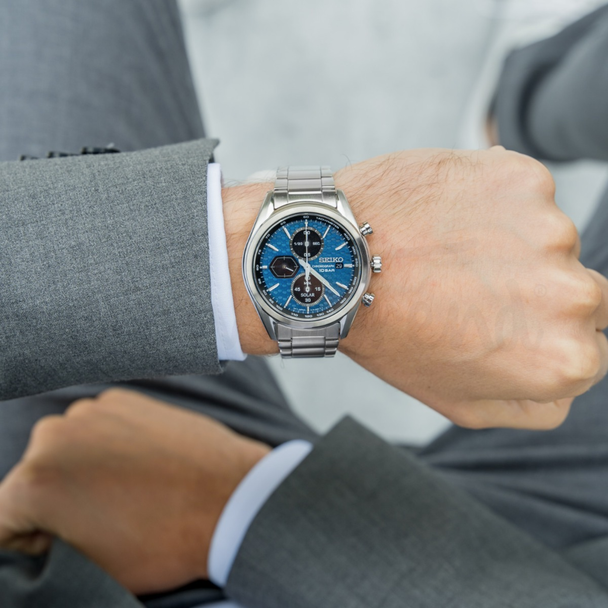 Seiko Conceptual Solar Quartz Blue Chronograph Dial Steel Bracelet Men's Watch SSC801P1