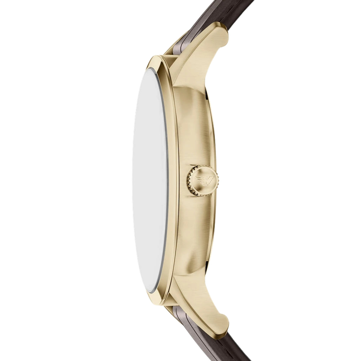 Side profile of the Emporio Armani Archetipo AR11824 wrist watch highlighting the slim gold-tone casing and textured crown