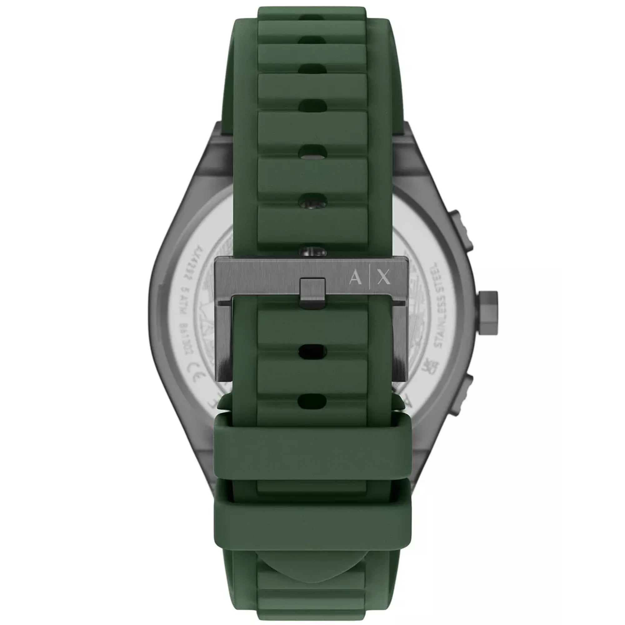 Armani Exchange Sync AX4292 silicone strap watch with engraved stainless steel case back and buckle