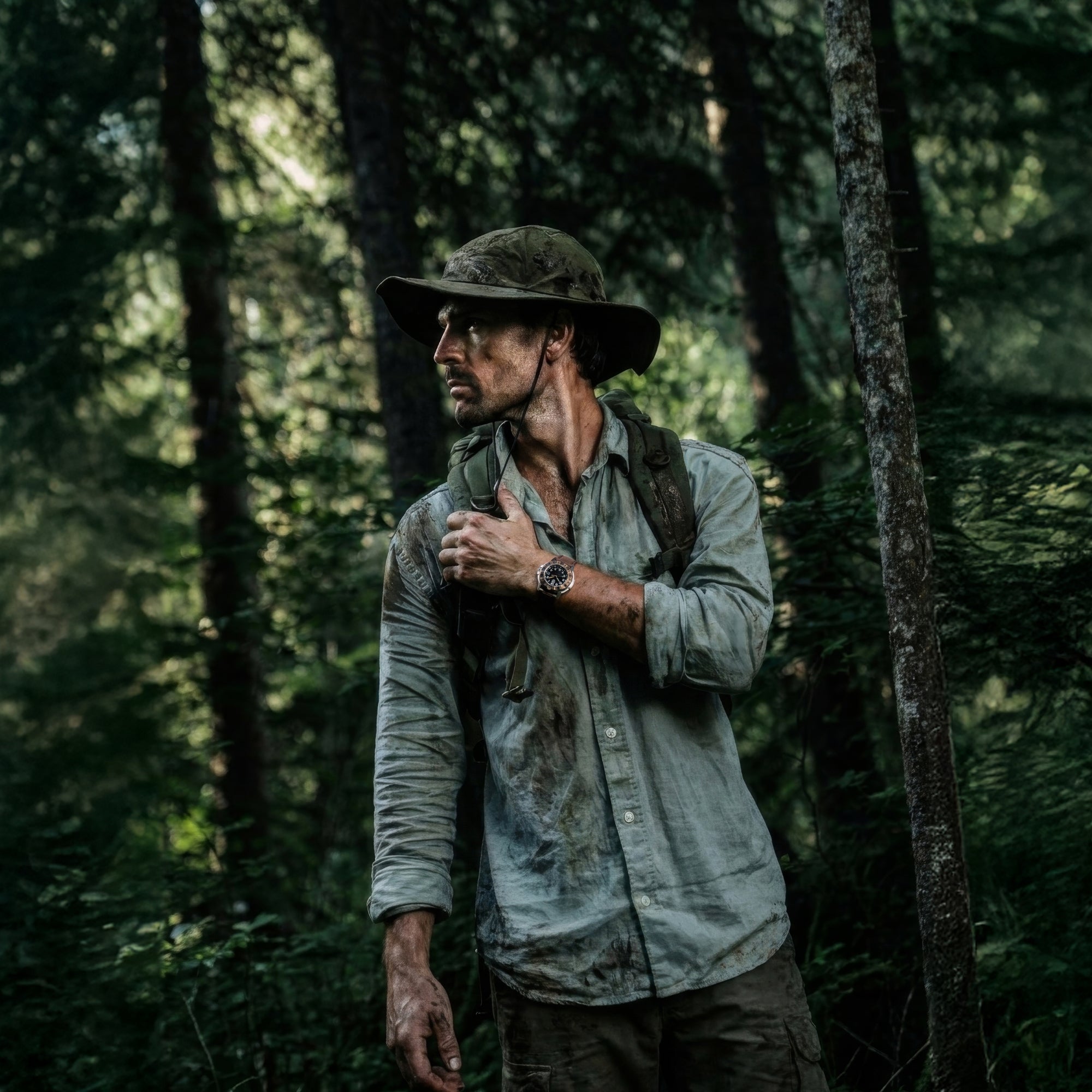 An explorer wearing a wide-brimmed hat and a dirty, button-down shirt stands in a dense forest with a backpack, wearing the Luminox Adventure Watch XL.1301.LG on his wrist