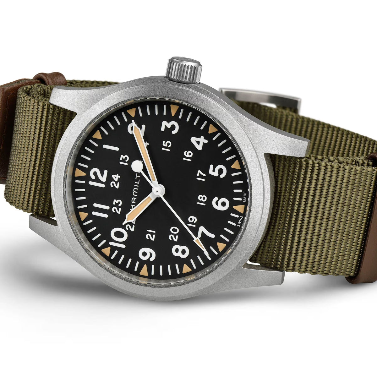 Hamilton Khaki Field H69529933 green textile NATO strap on white background