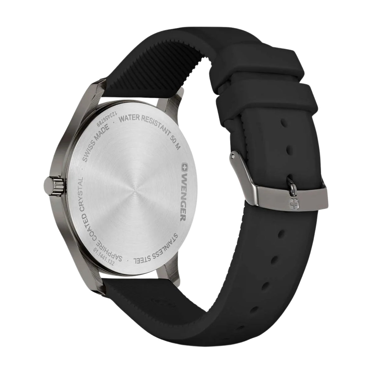 Wenger City Sport 01.1441.132 back view showing engraved stainless steel case back and silicone strap buckle