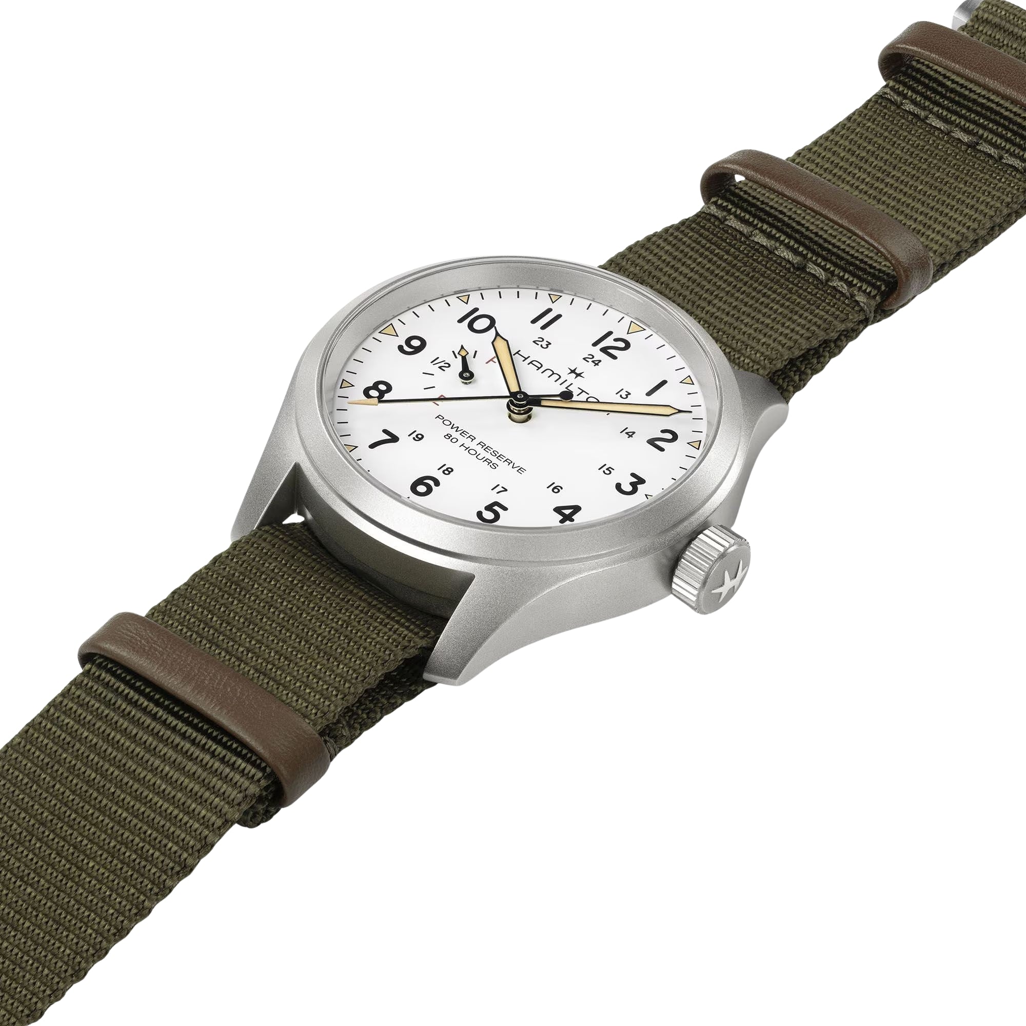 Hamilton Khaki Field H69509910 khaki green NATO strap and pin buckle detail