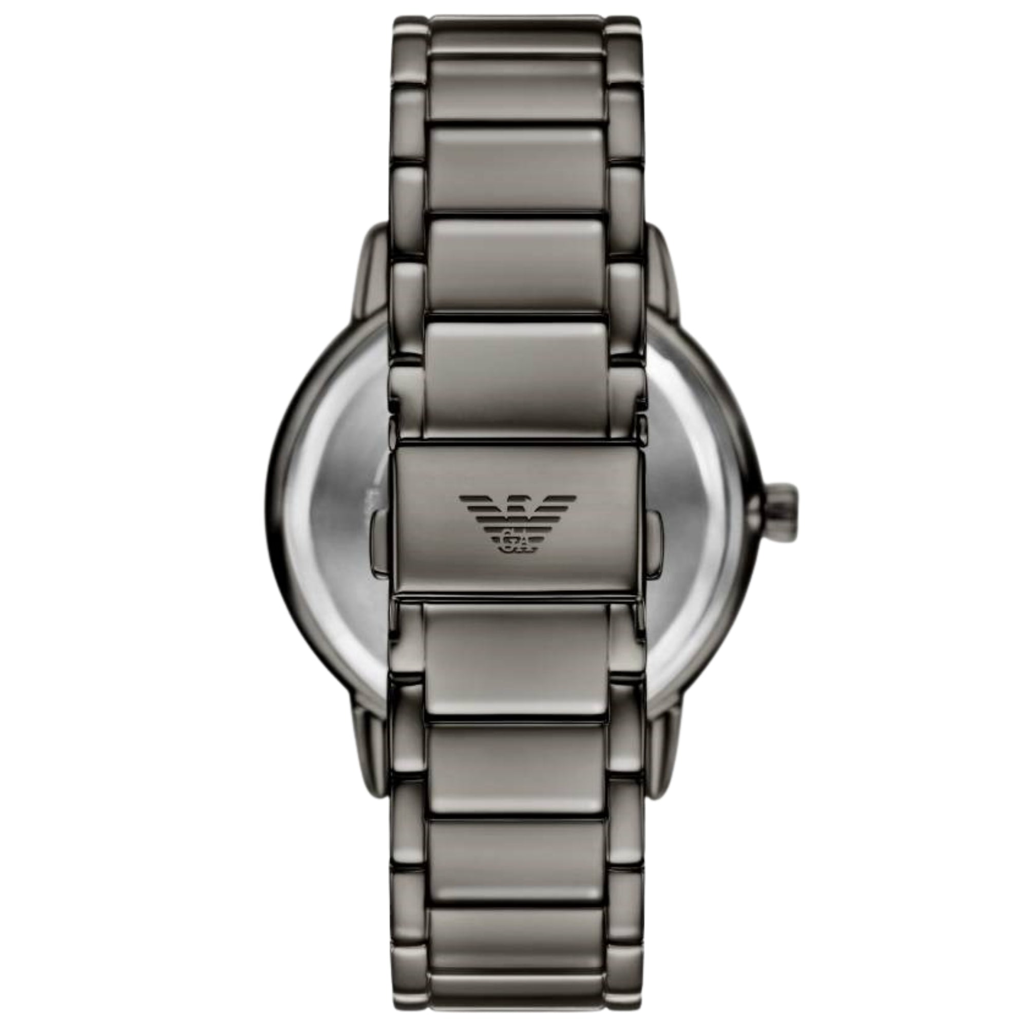 Emporio Armani men's quartz watch back with metal case and stainless-steel bracelet