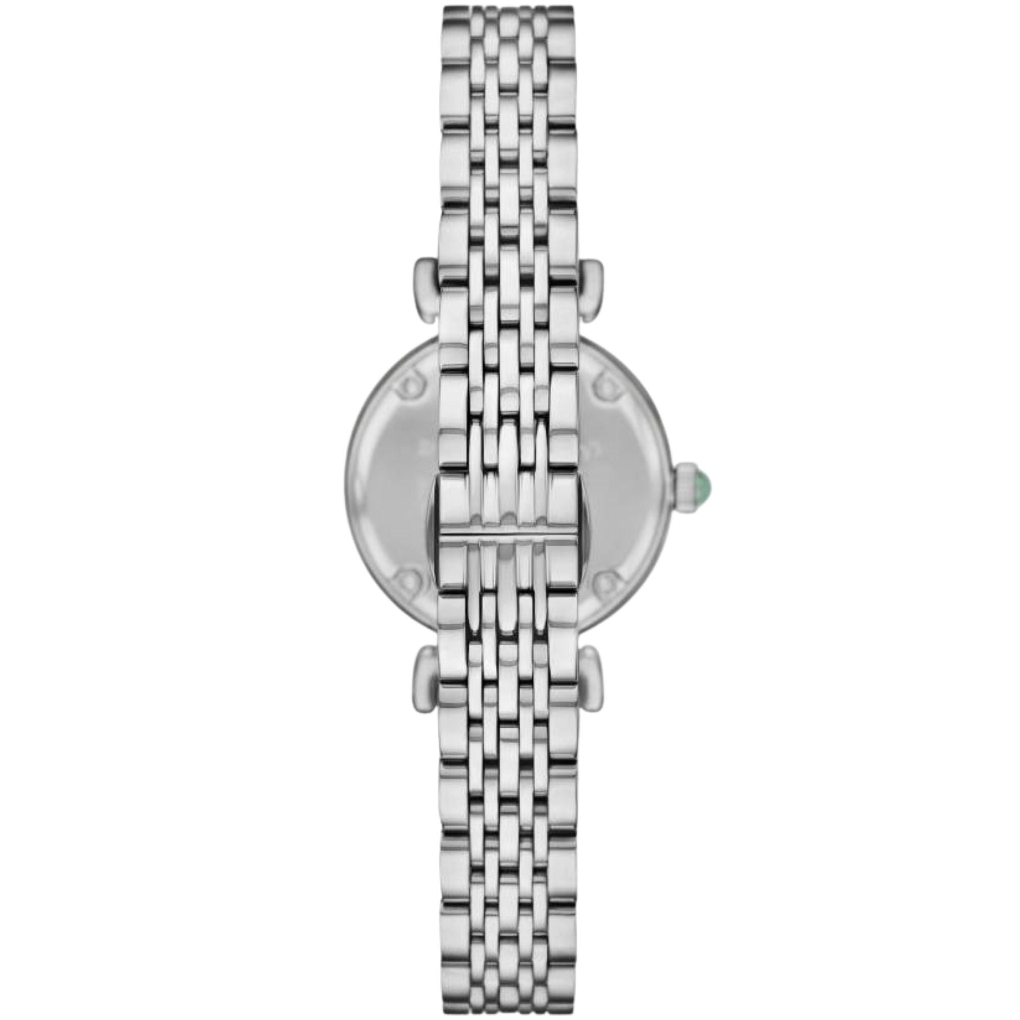 Ladies steel quartz watch, back view with round case, link bracelet, green crown