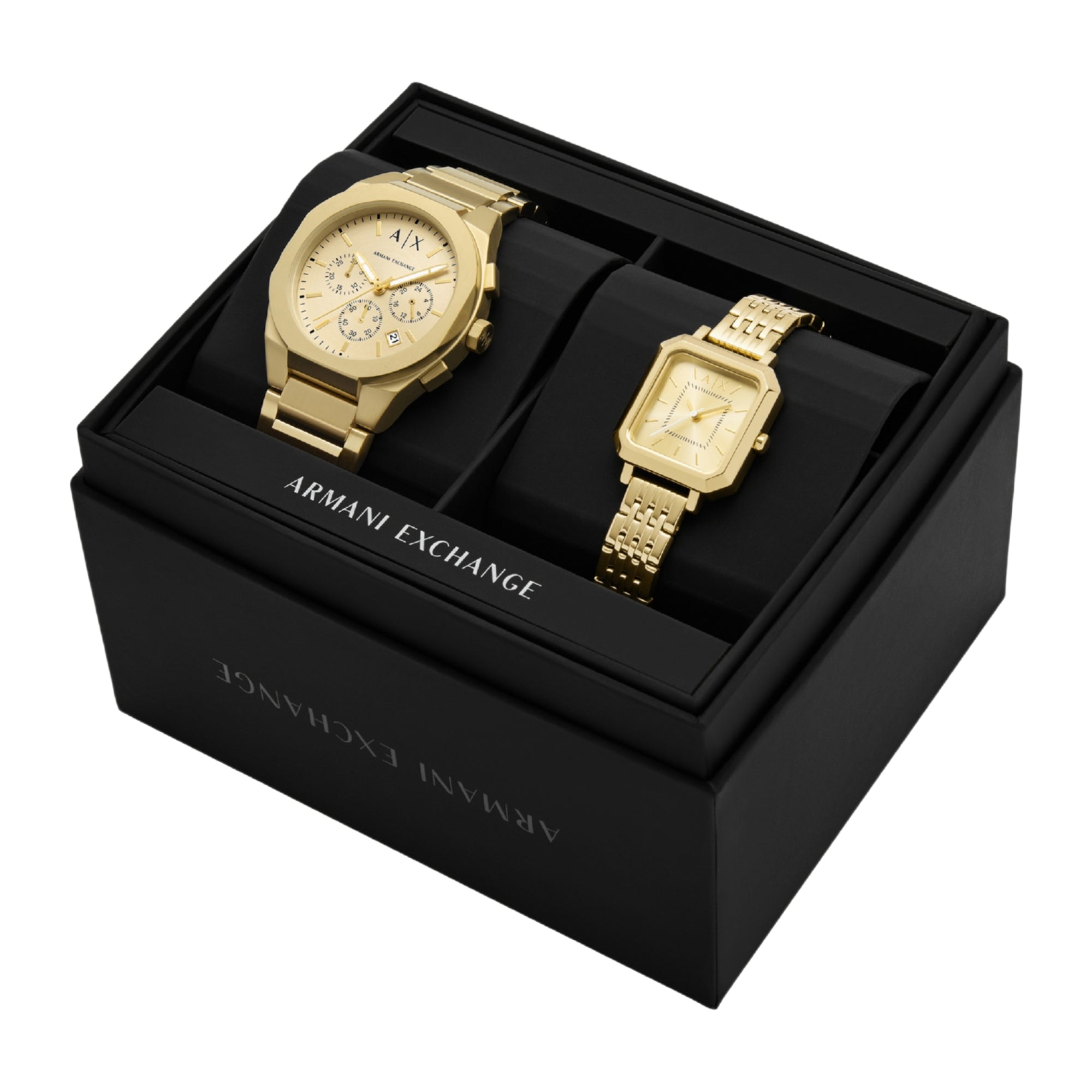 Gold-tone couple watch set in black gift box, cream dials, link bracelets