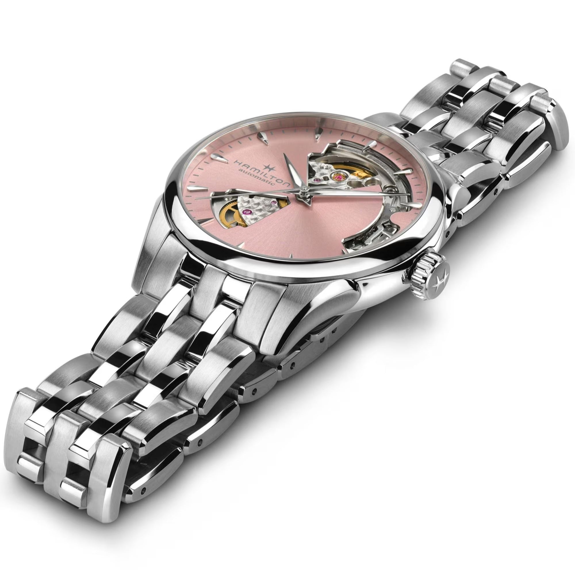 Hamilton Jazzmaster open-heart automatic watch with pink dial and stainless steel bracelet
