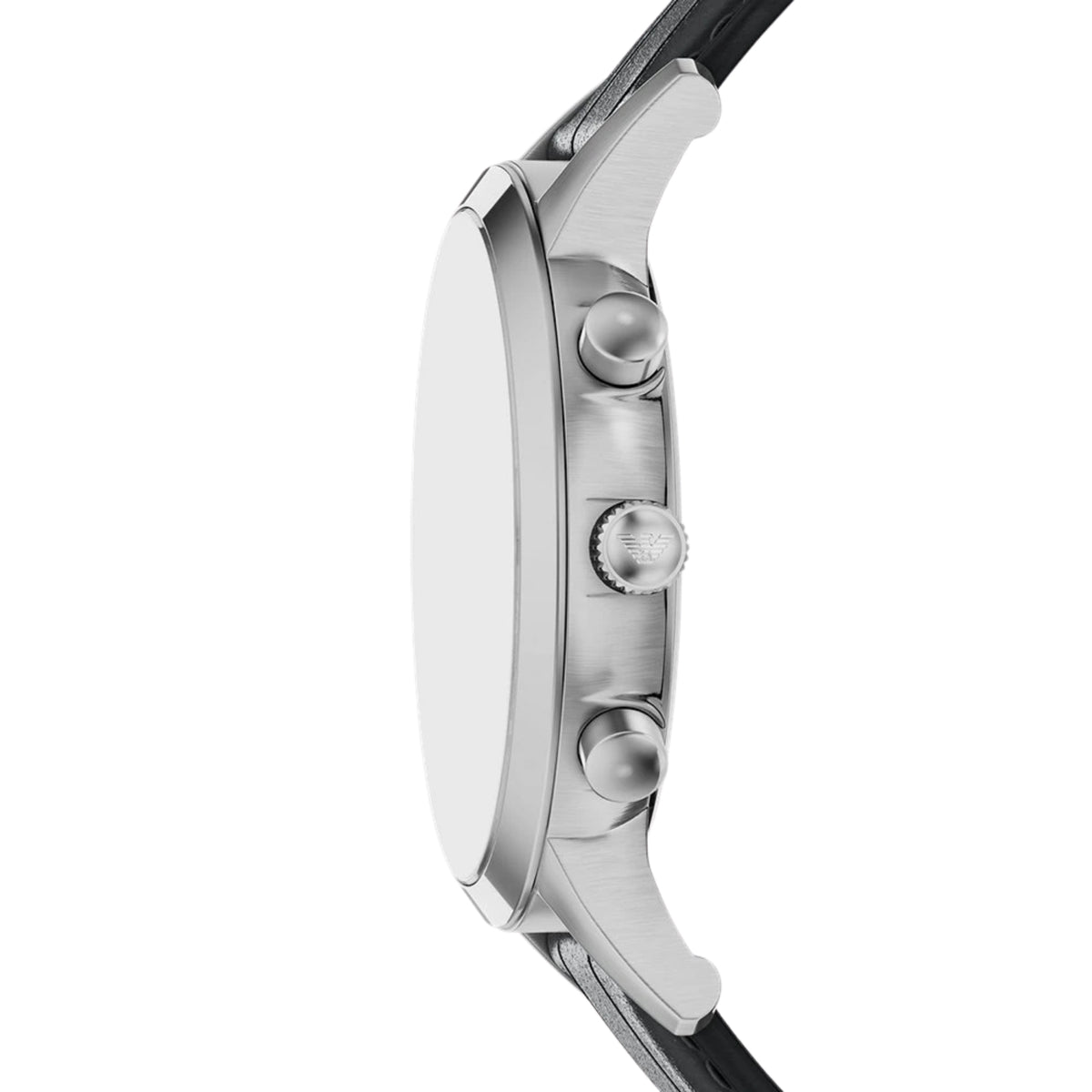 Side profile of the Emporio Armani Archetipo AR11820 wrist watch featuring the branded crown and dual pushers