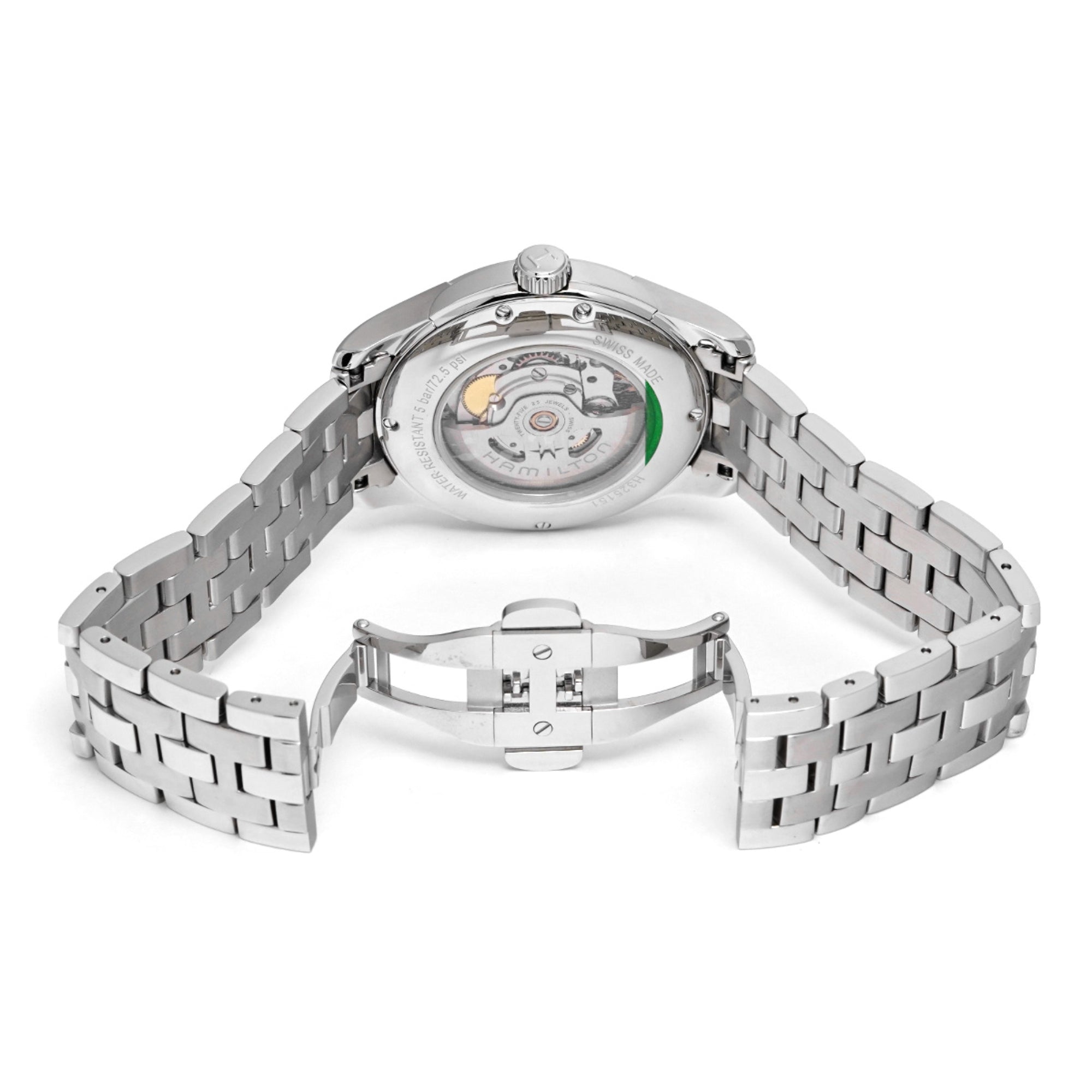 Stainless steel watch with bracelet laid flat, case back and crown visible Hamilton Jazzmaster 40mm Automatic Silver Dial Steel Mens Watch H32515155