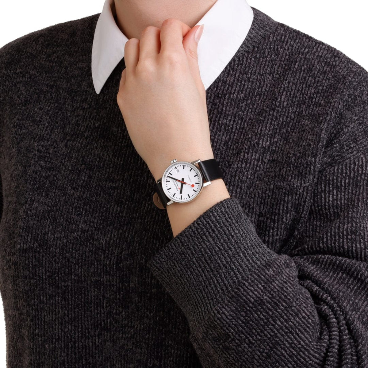 Mondaine Evo2 MSE.35610.LBV alternative wrist shot on a person wearing a dark grey knit sweater