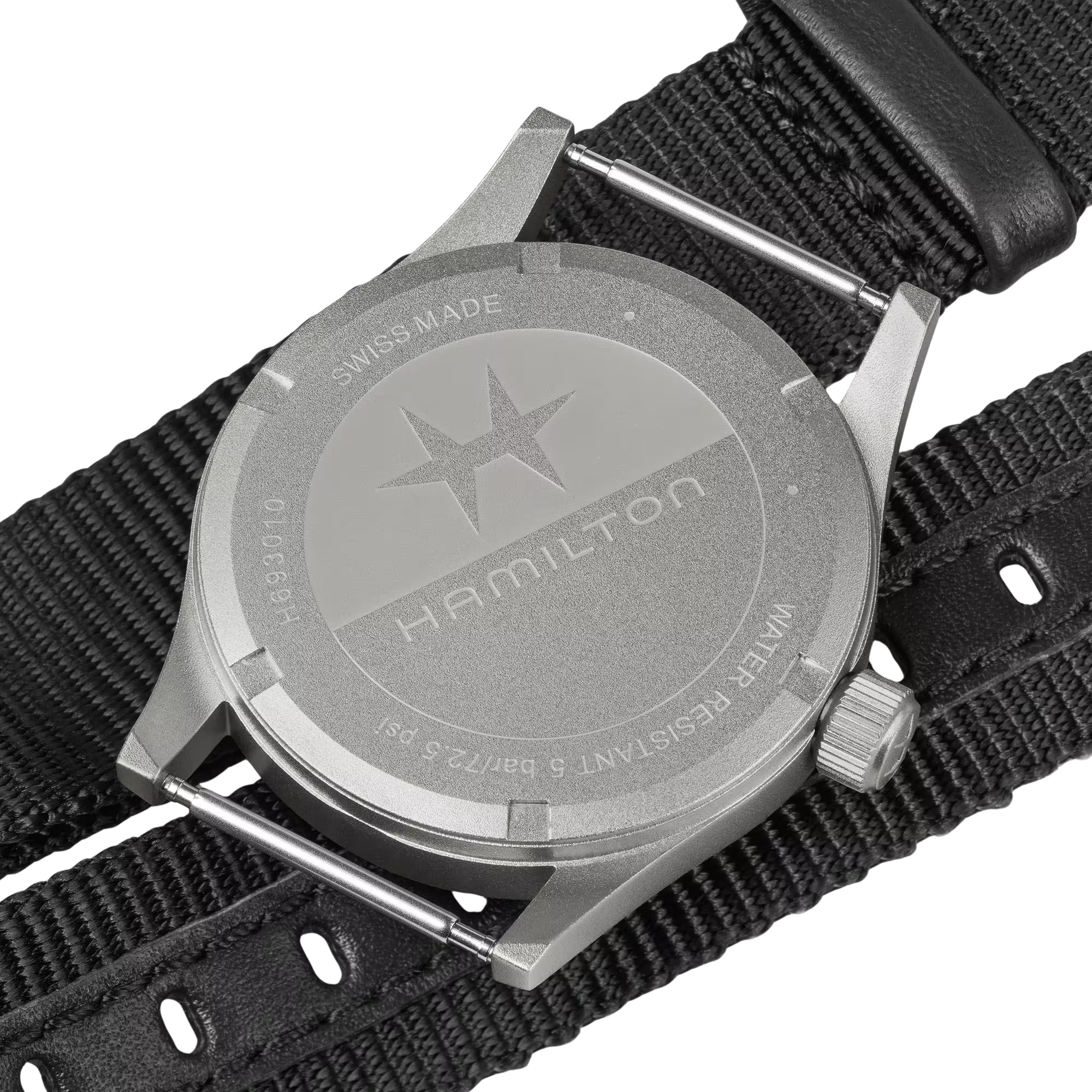 Hamilton Khaki Field H69301430 black NATO strap and 33mm case back profile