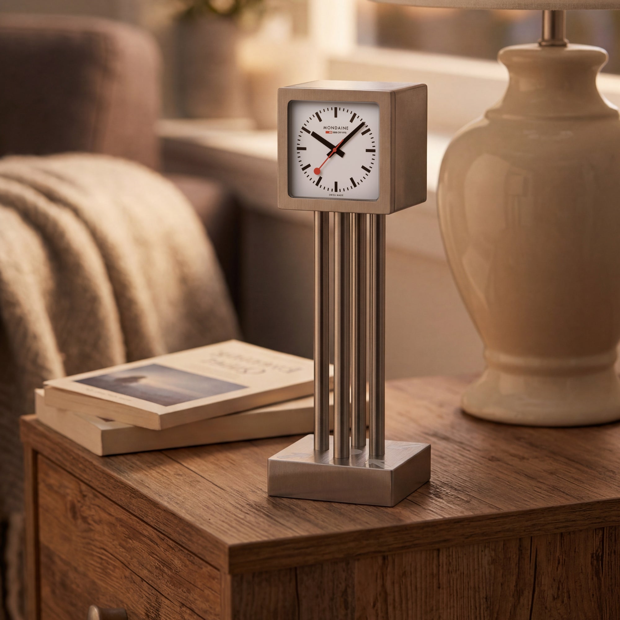 Mini table clock on wooden desk with brushed aluminum frame and white dial