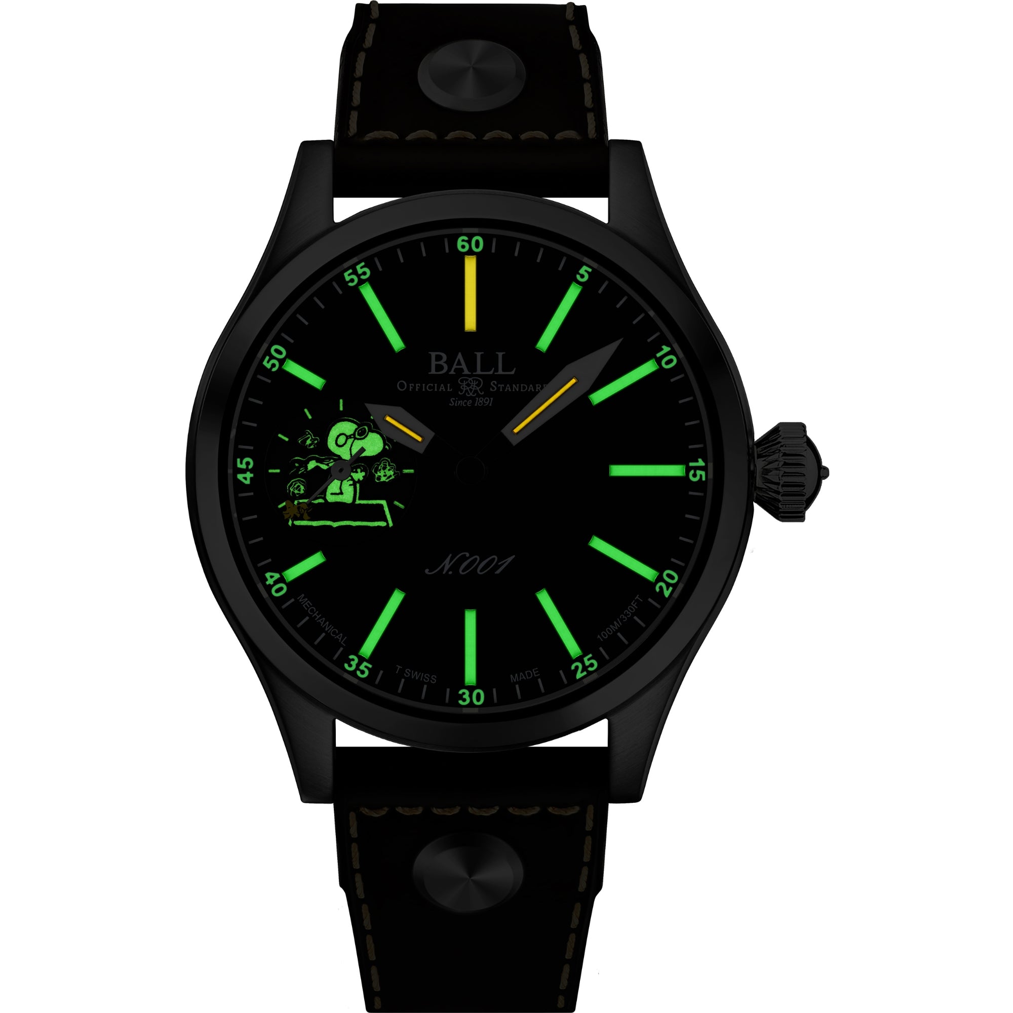 BALL Engineer Master II 46mm Snoopy Flying Ace Limited Edition Black Dial Leather Mens Manual-Wind Watch NM2638C-L2J-BK