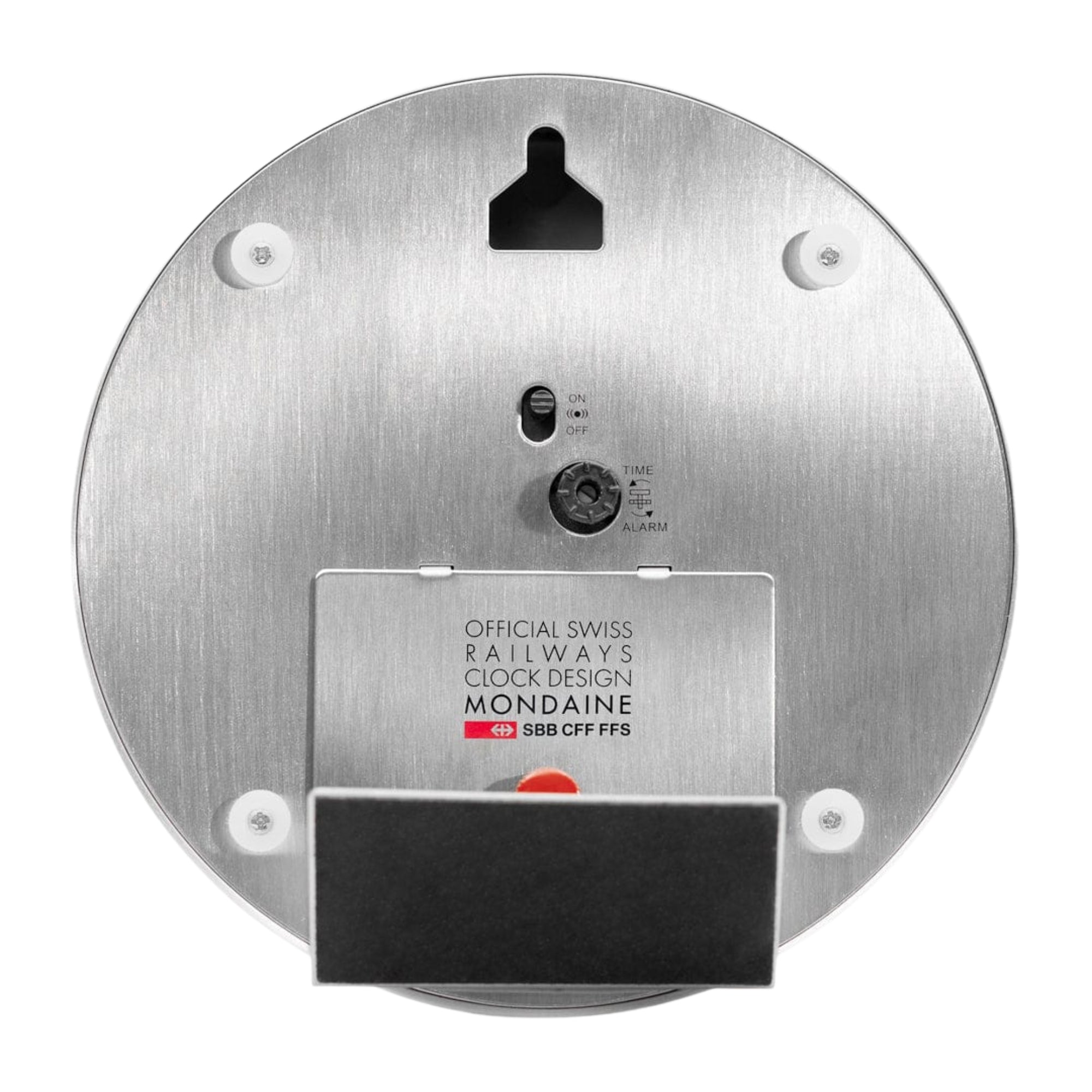 Mondaine Official Swiss Railways Alarm Clock A997.MCAL.16SBB.1 back view showing stand mount and control dials