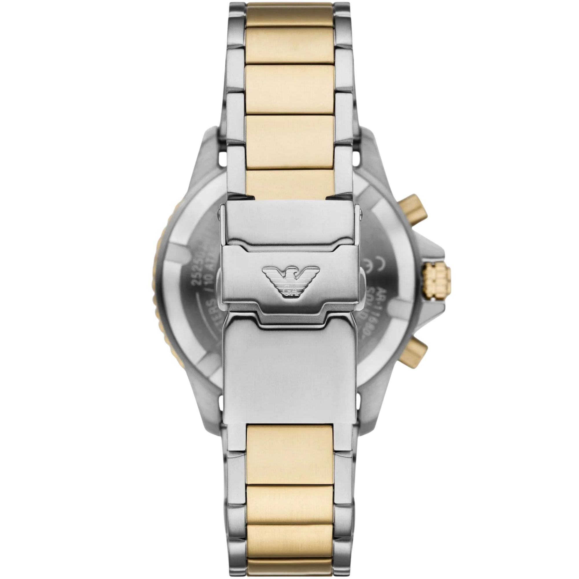 Stainless steel caseback of mens solar chronograph watch with gold-tone bracelet links