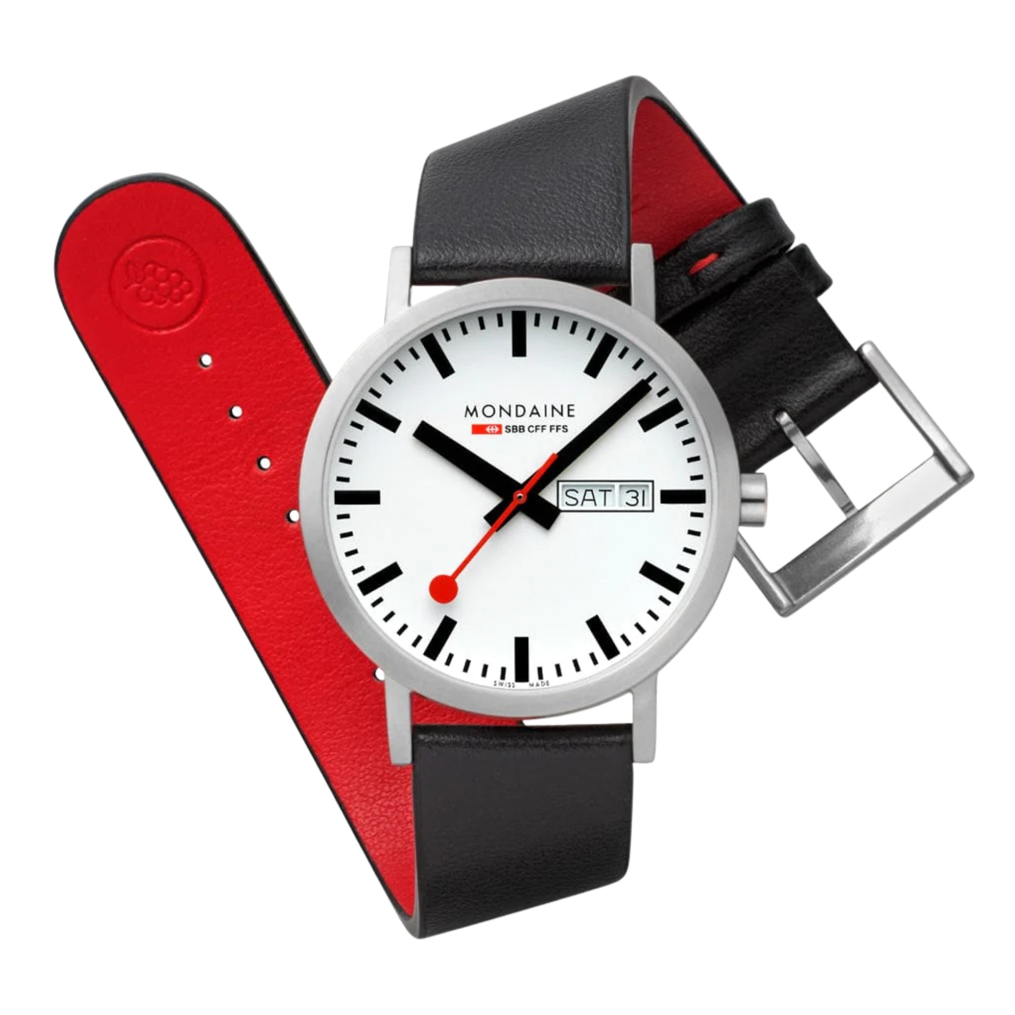 Flat-lay product image of Mondaine Classic A667.30360.11SBBV Swiss movement watch featuring a black vegan leather strap with red backing and buckle