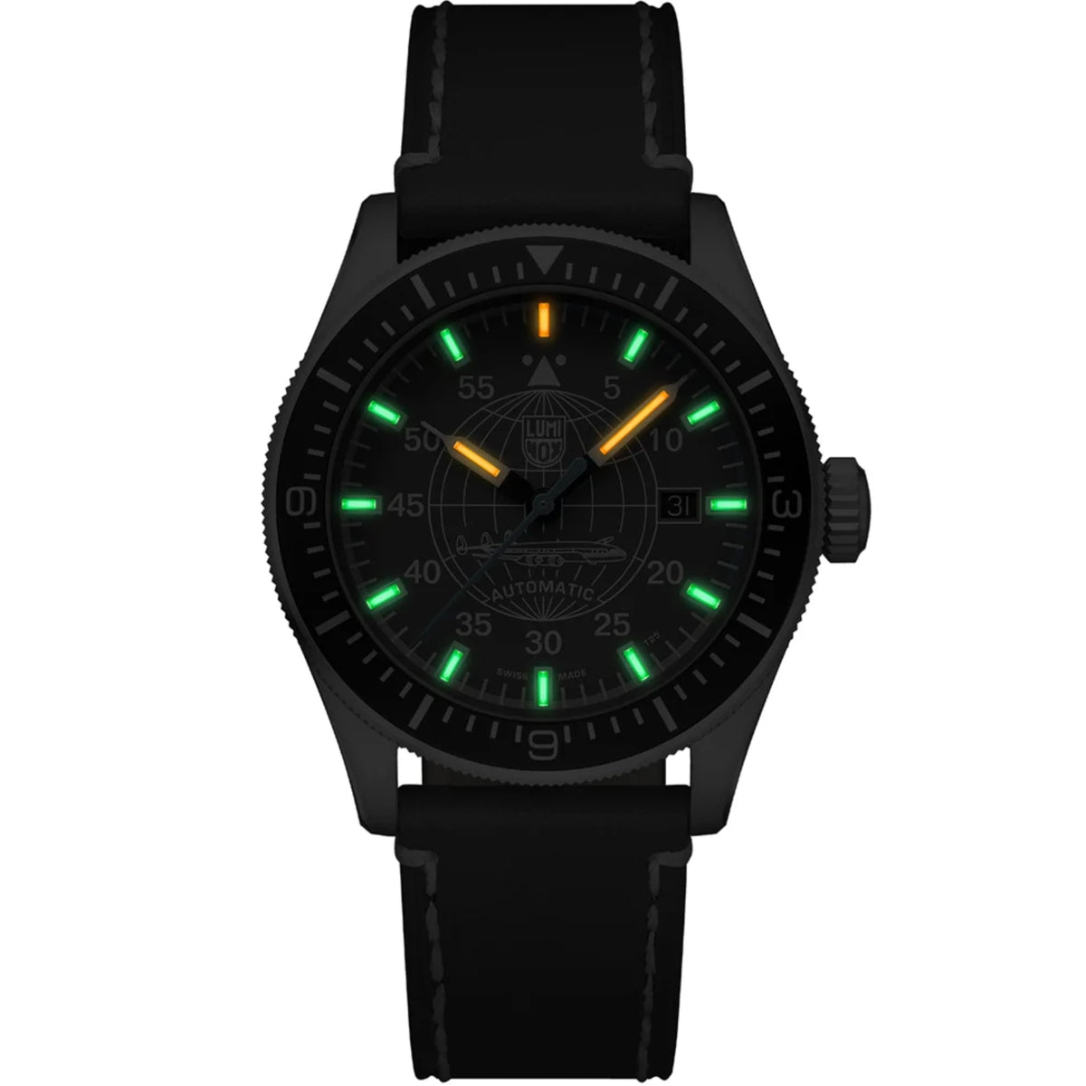 Luminox Constellation XA.9602 mens watch in low light displaying green and orange illuminated gas tubes on grey dial