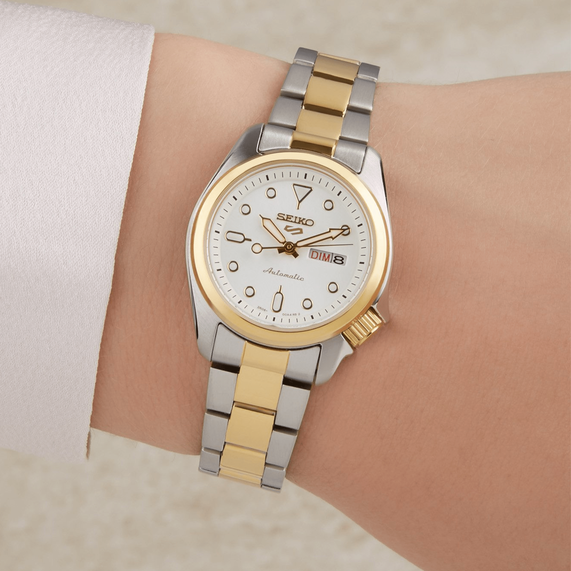 Seiko 5 Sports Compact Automatic White Dial Two-Tone Stainless Steel Bracelet Ladies Watch SRE004K1