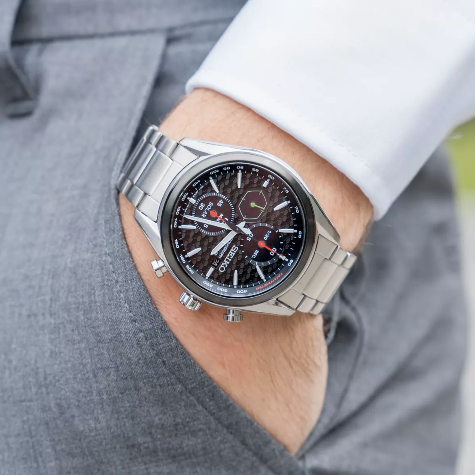 Seiko Conceptual Solar Quartz Black Chronograph Dial Steel Bracelet Men's Watch SSC803P1