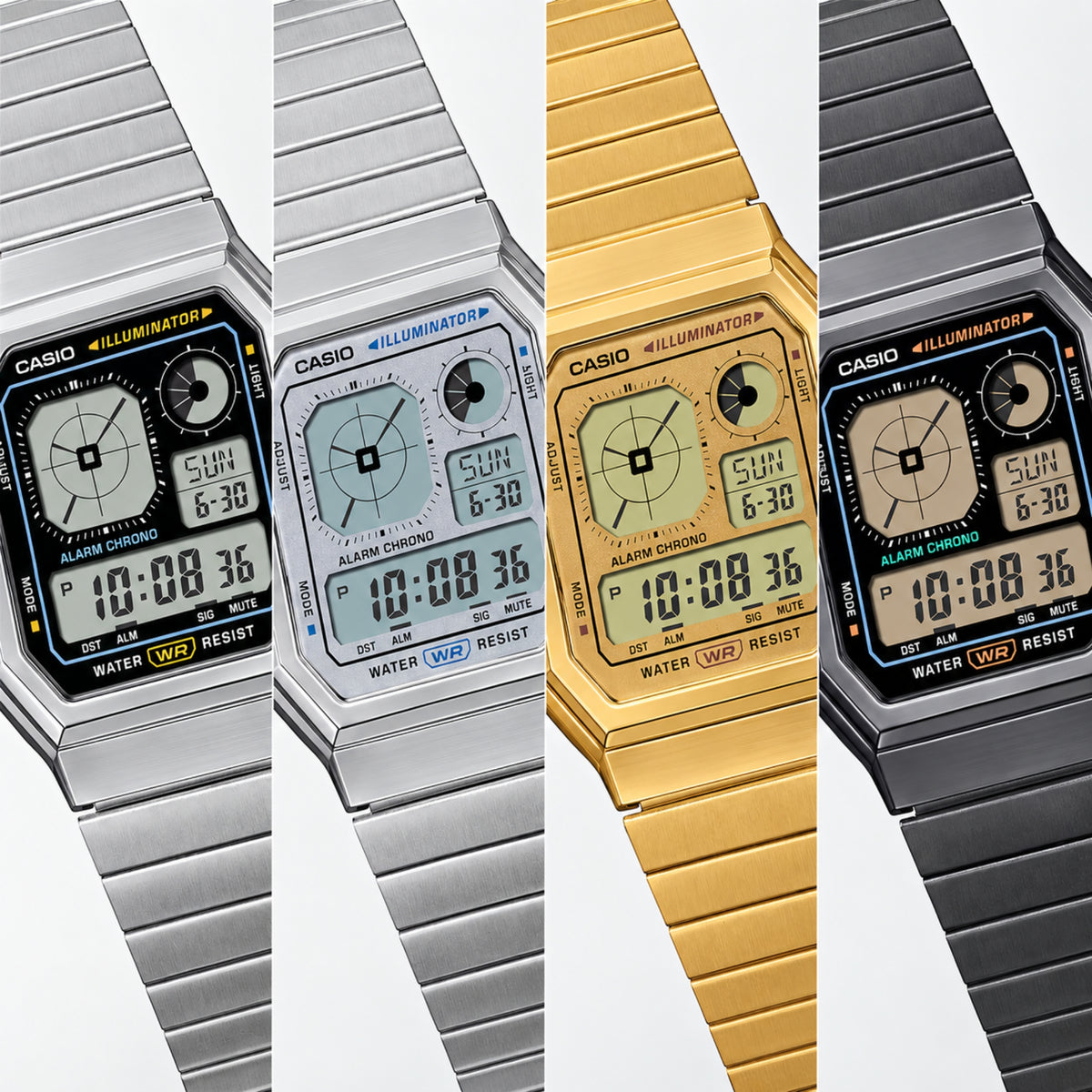 Set of Casio octagonal digital watches in silver, gold, and black-tone metal