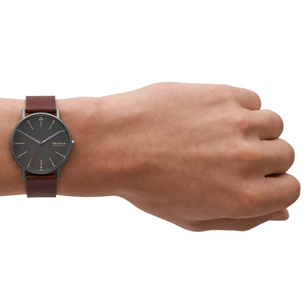 Orologio da uomo Skagen Signatur con cinturino in pelle di legno di ciliegio e quadrante nero SKW6860