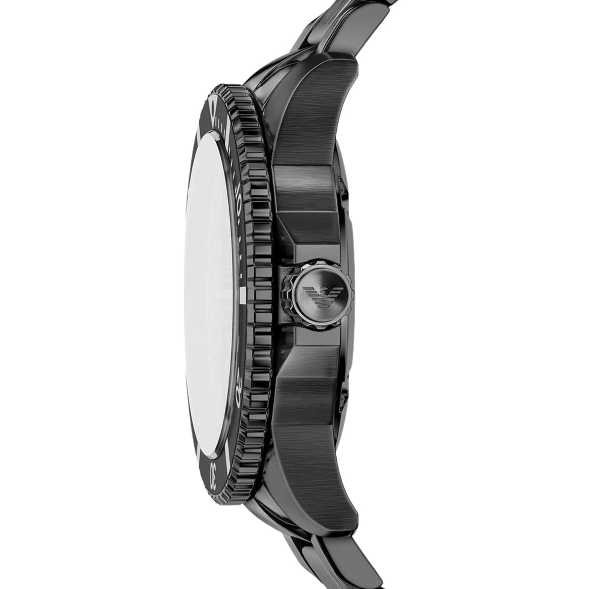Side profile of the Emporio Armani World Explorer AR11831 wrist watch highlighting the coin-edge bezel, crown guard, side pushers, and brushed steel casing