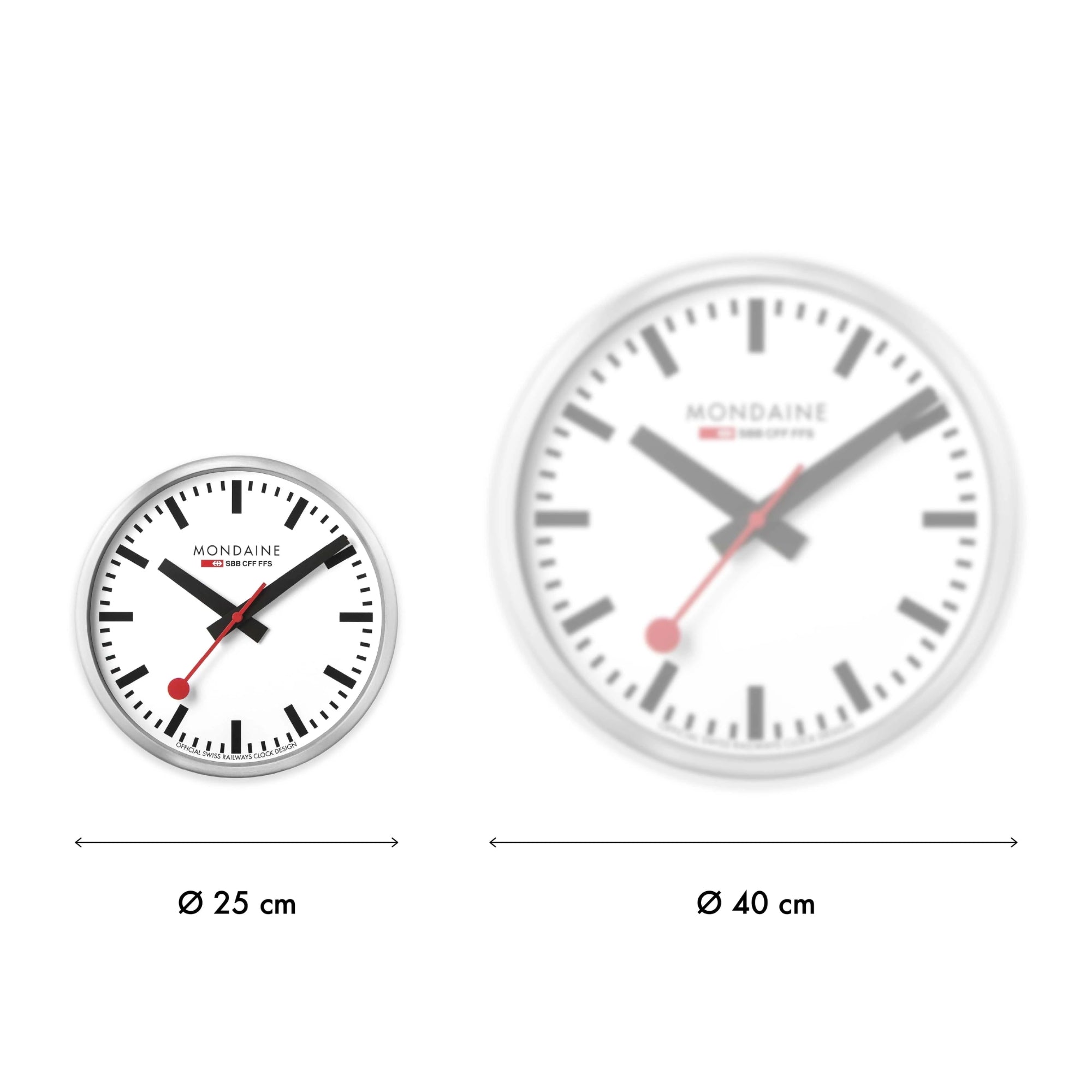 Size diagram showing the 25 cm diameter Mondaine clock A990.CLOCK.11SBC next to a 40 cm model