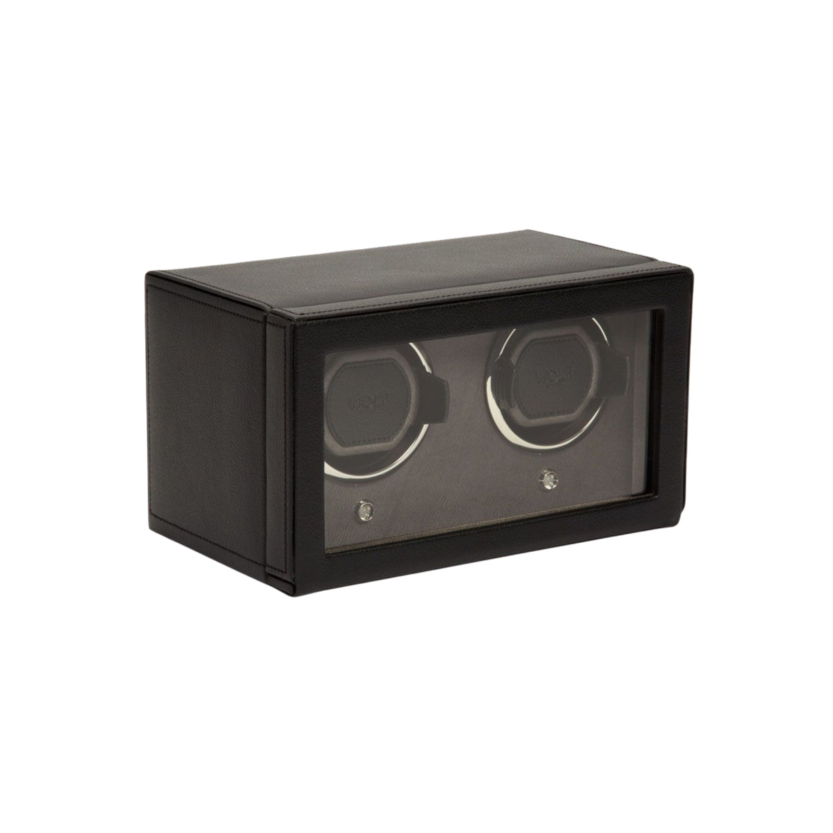 WOLF Cub 461203 three-quarter view showing closed black double watch winder with glass cover door