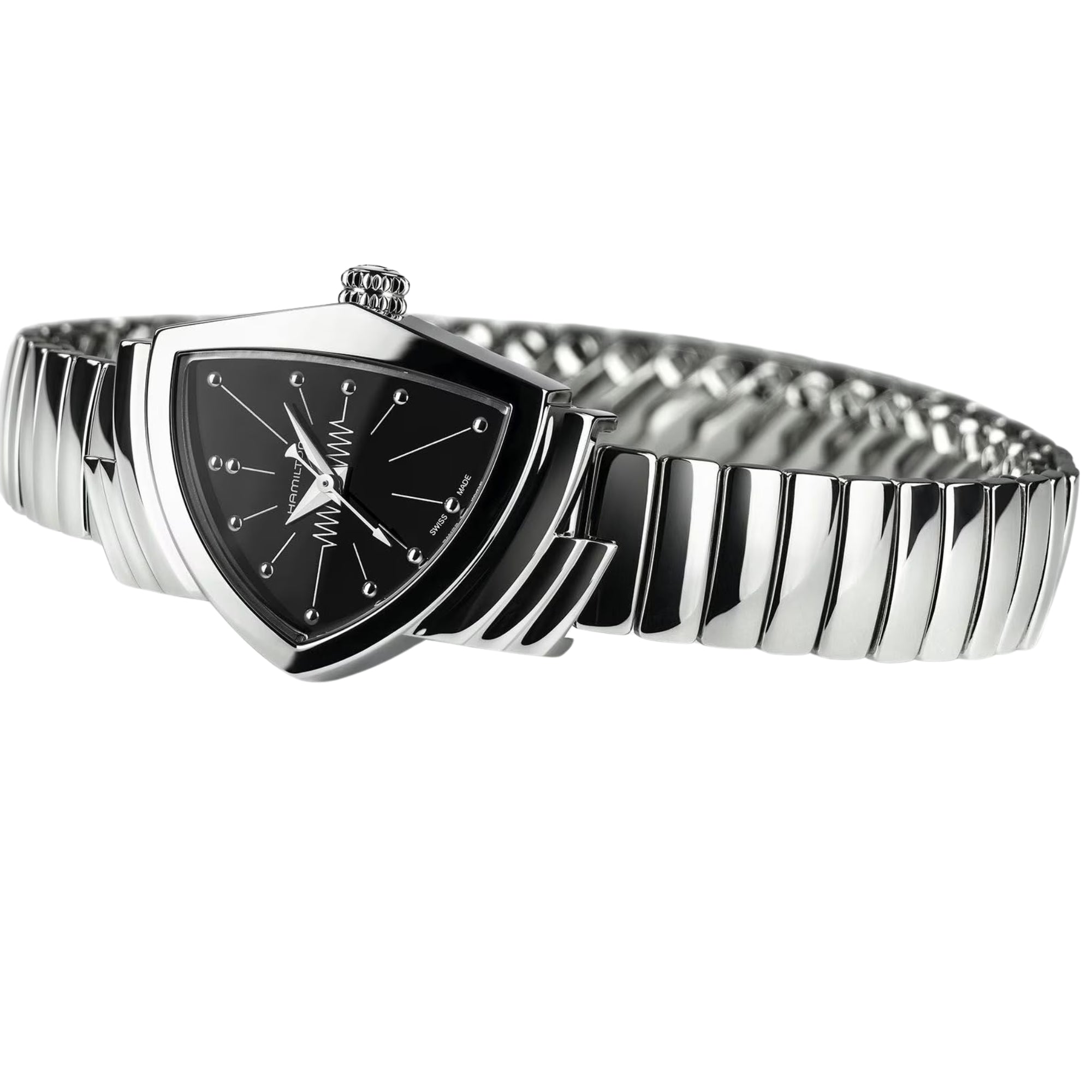 Stainless steel ladies quartz watch with black dial, triangular case, ridged link bracelet