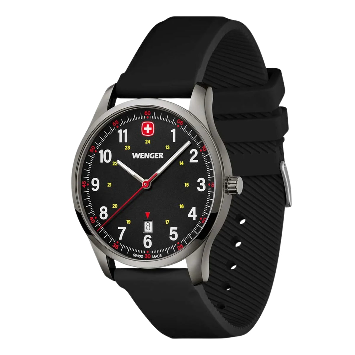 Men's black silicone wristwatch, angled view, black dial with red accents