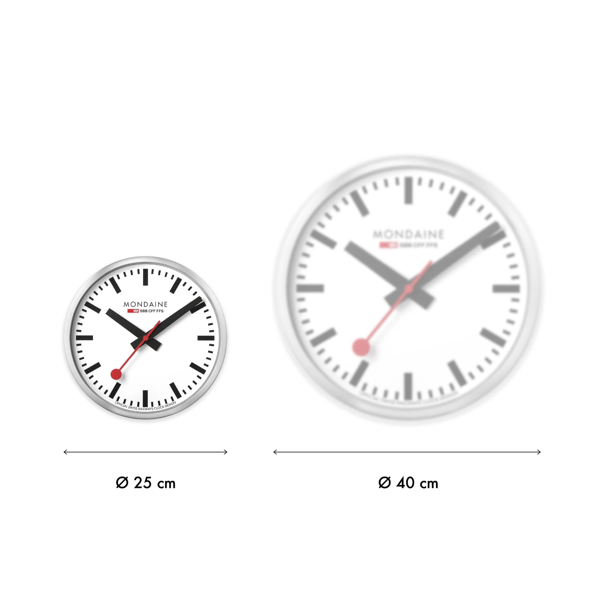 Mondaine wall clock size comparison chart showing 25cm vs 40cm models