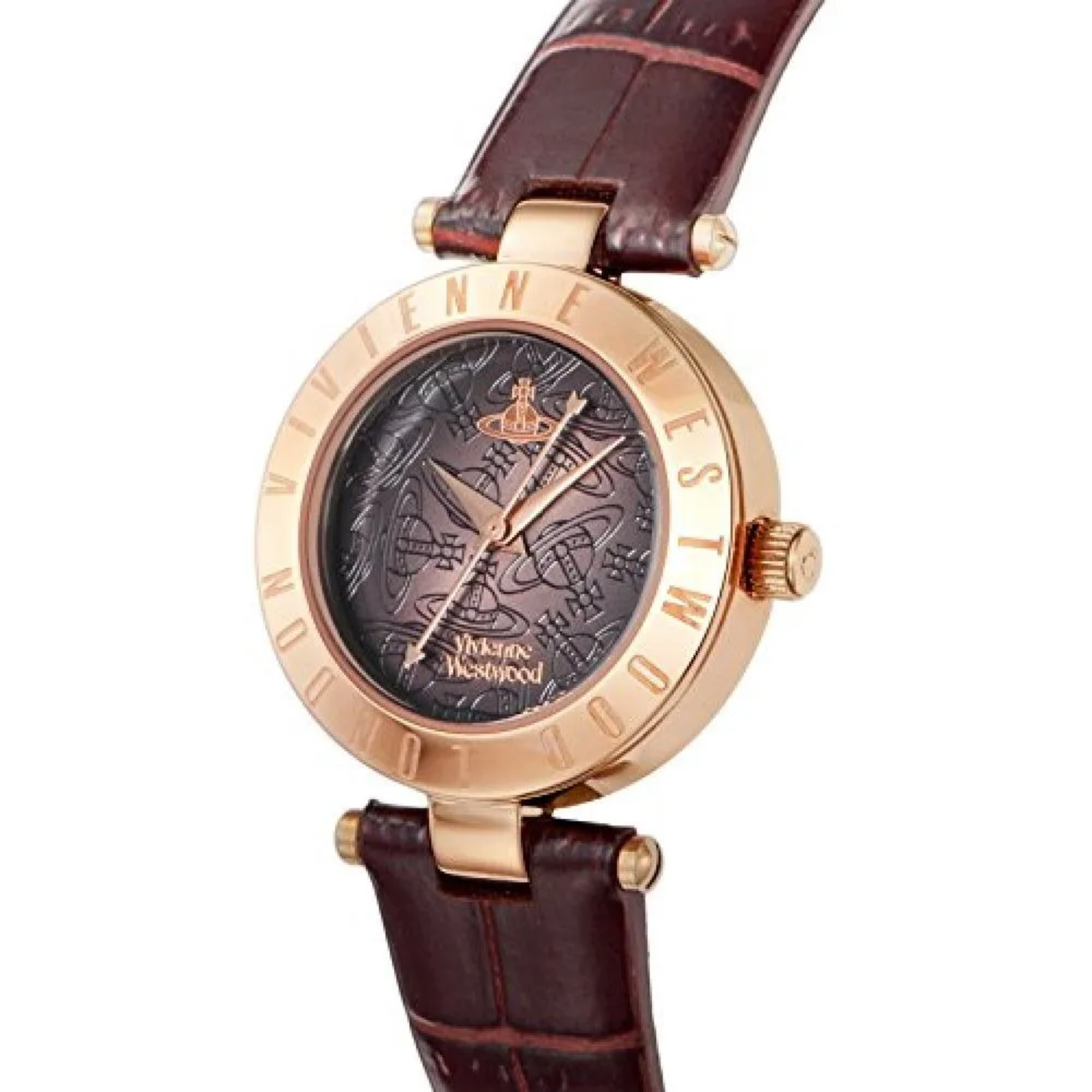 Vivienne Westwood Exclusive Westbourne II Rose Gold Plated Brown Leather Strap Purple Dial Ladies Watch VV092BRBR