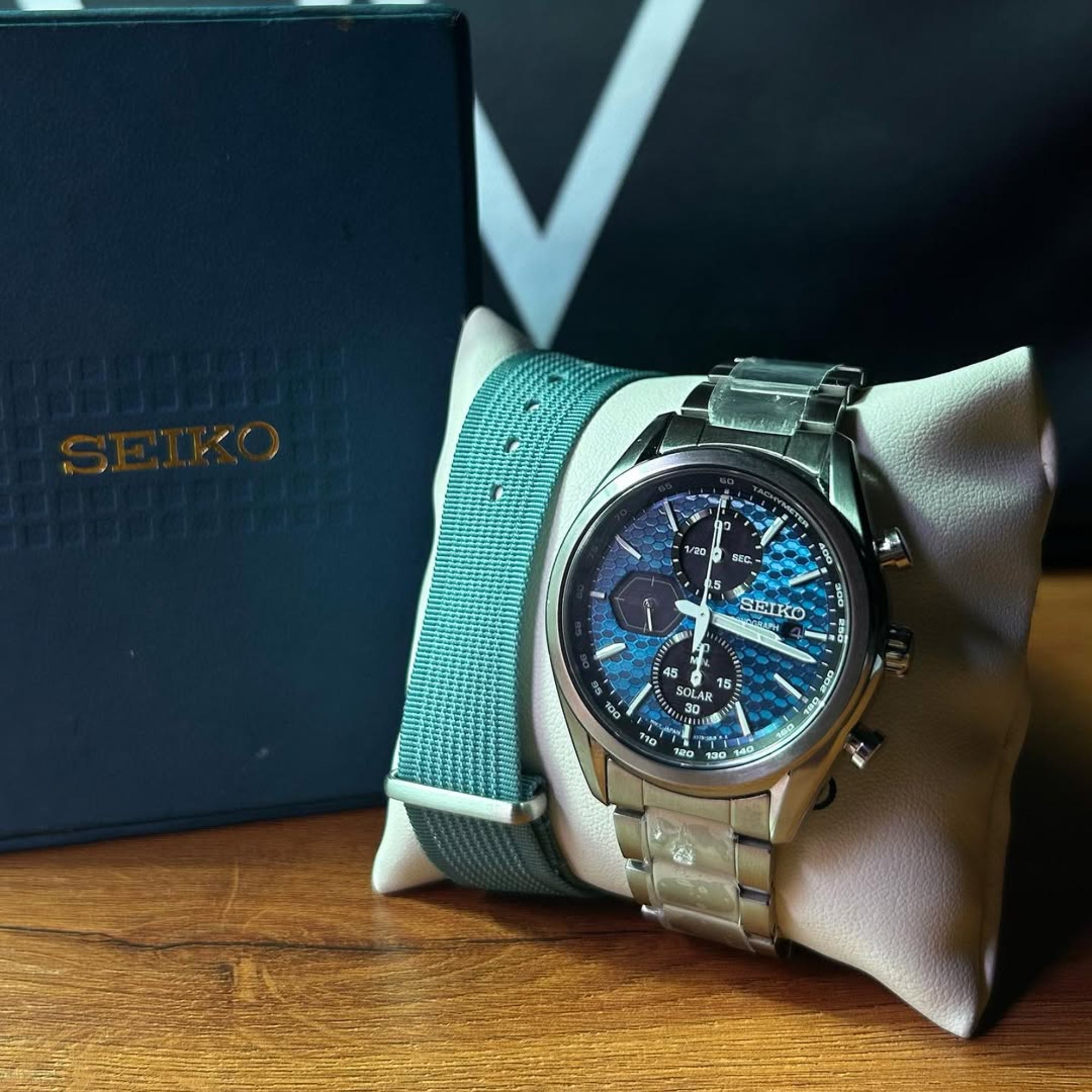 Seiko Conceptual Solar Quartz Blue Chronograph Dial Steel Bracelet Men's Watch SSC801P1