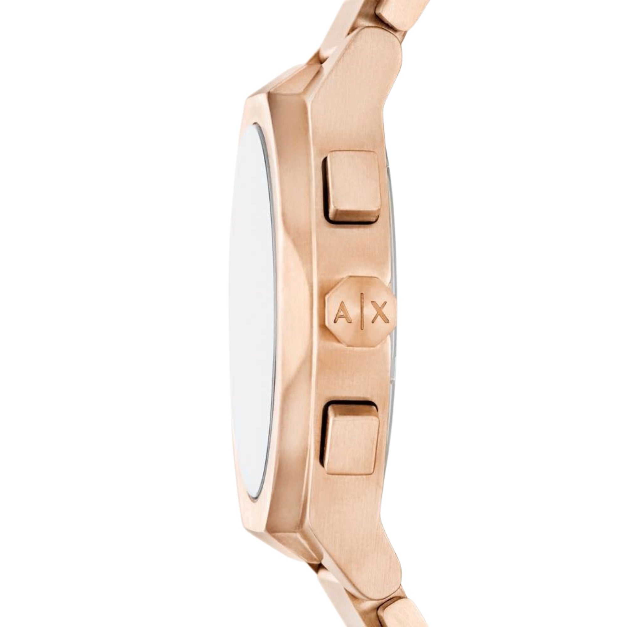 Rose-tone metal watch case with A|X engraving and linked bracelet, side view